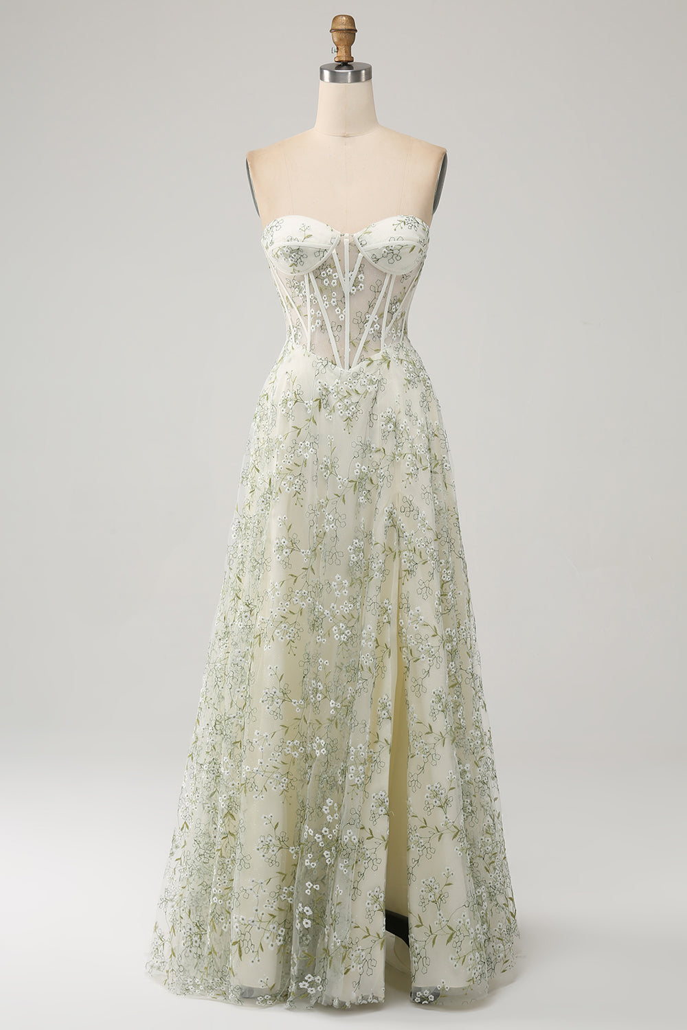 Light Green A-Line Sweetheart Corset Long Prom Dress with Embroidery