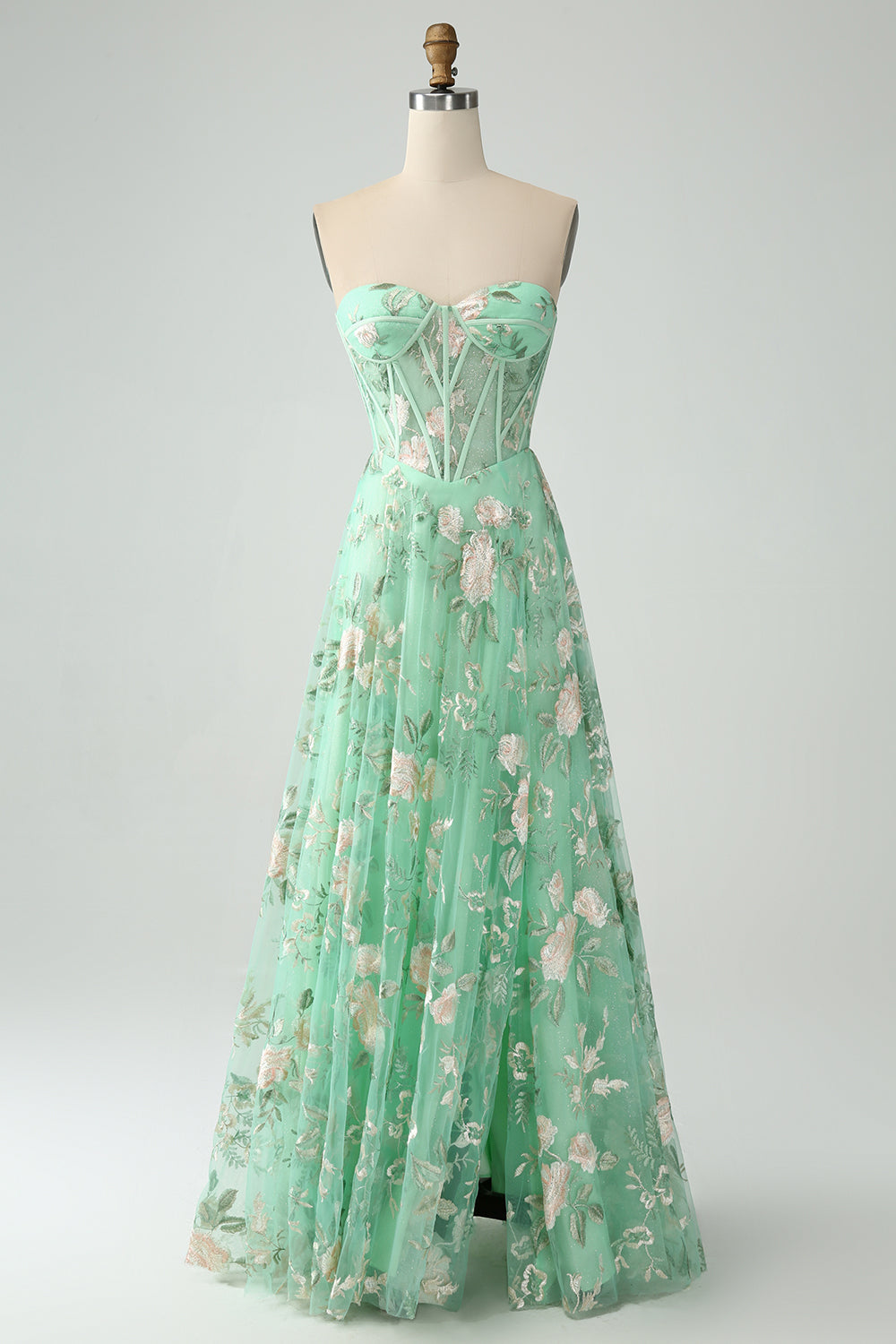 Green A-Line Sweetheart Corset Long Prom Dress with Embroidery