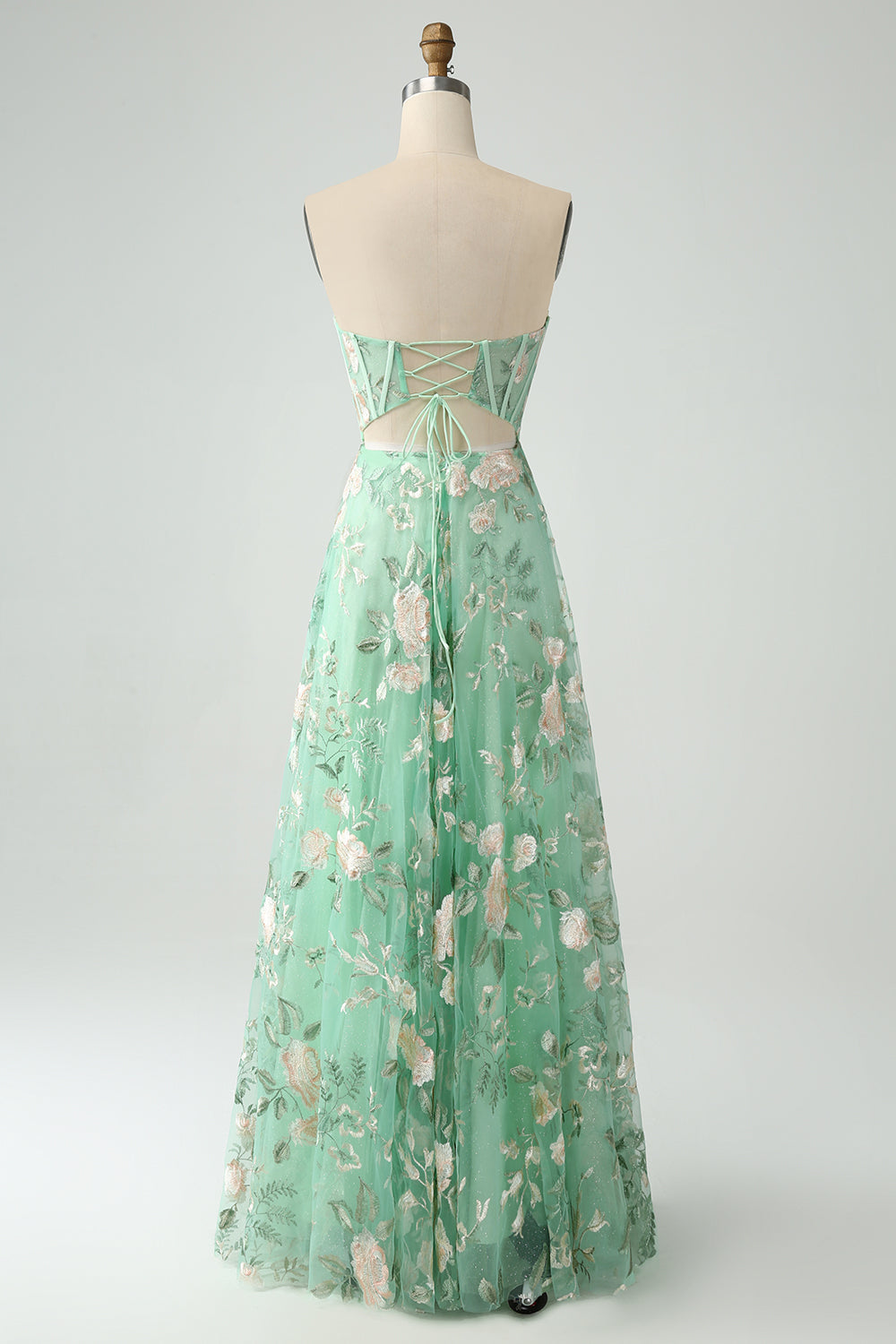 Green A-Line Sweetheart Corset Long Prom Dress with Embroidery