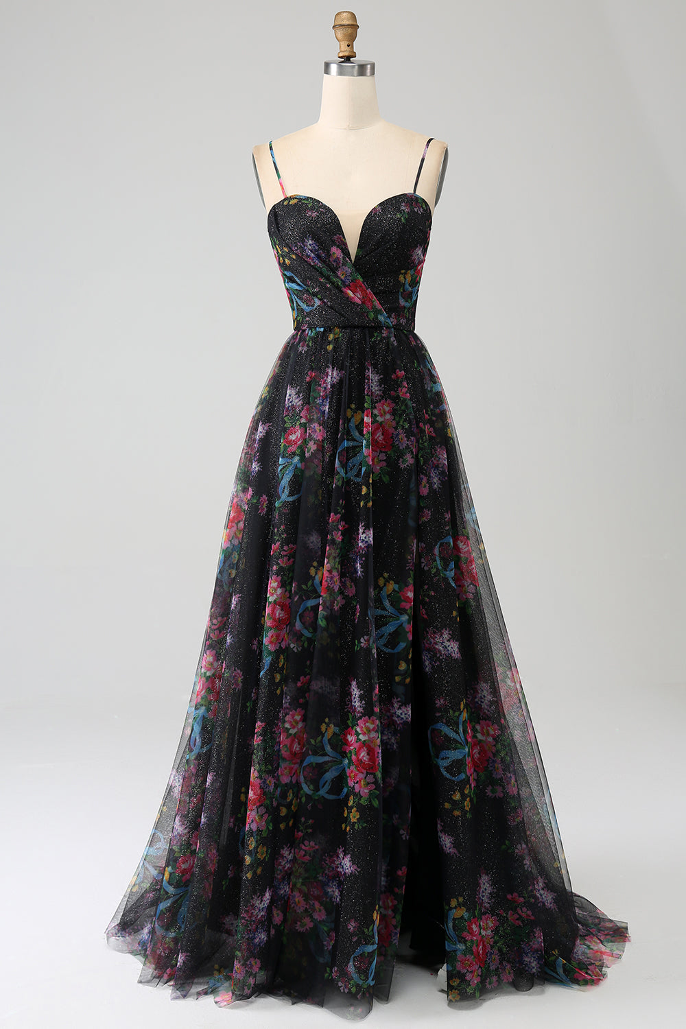 Black Printed A Line Spaghetti Straps Long Prom Dress with Slit