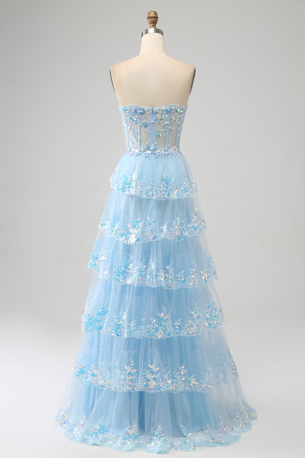 Light Blue Princess A Line Sweetheart Tiered Sequin Tulle Prom Dress With Slit