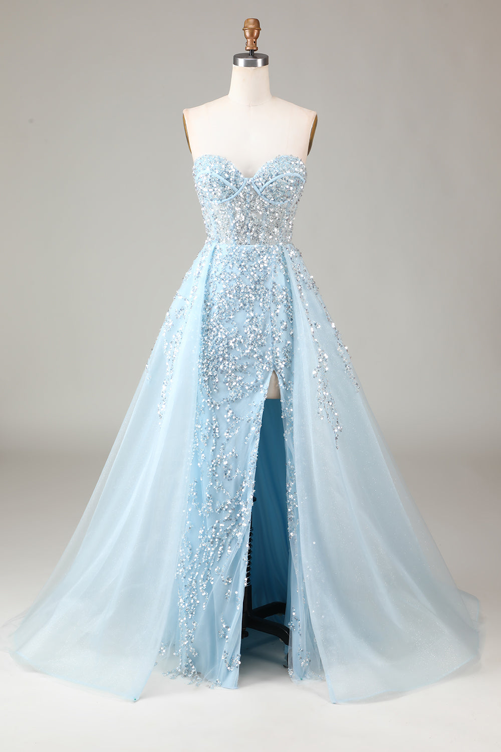 Sparkly Light Blue A Line Sweetheart Long Prom Dress With Sequins