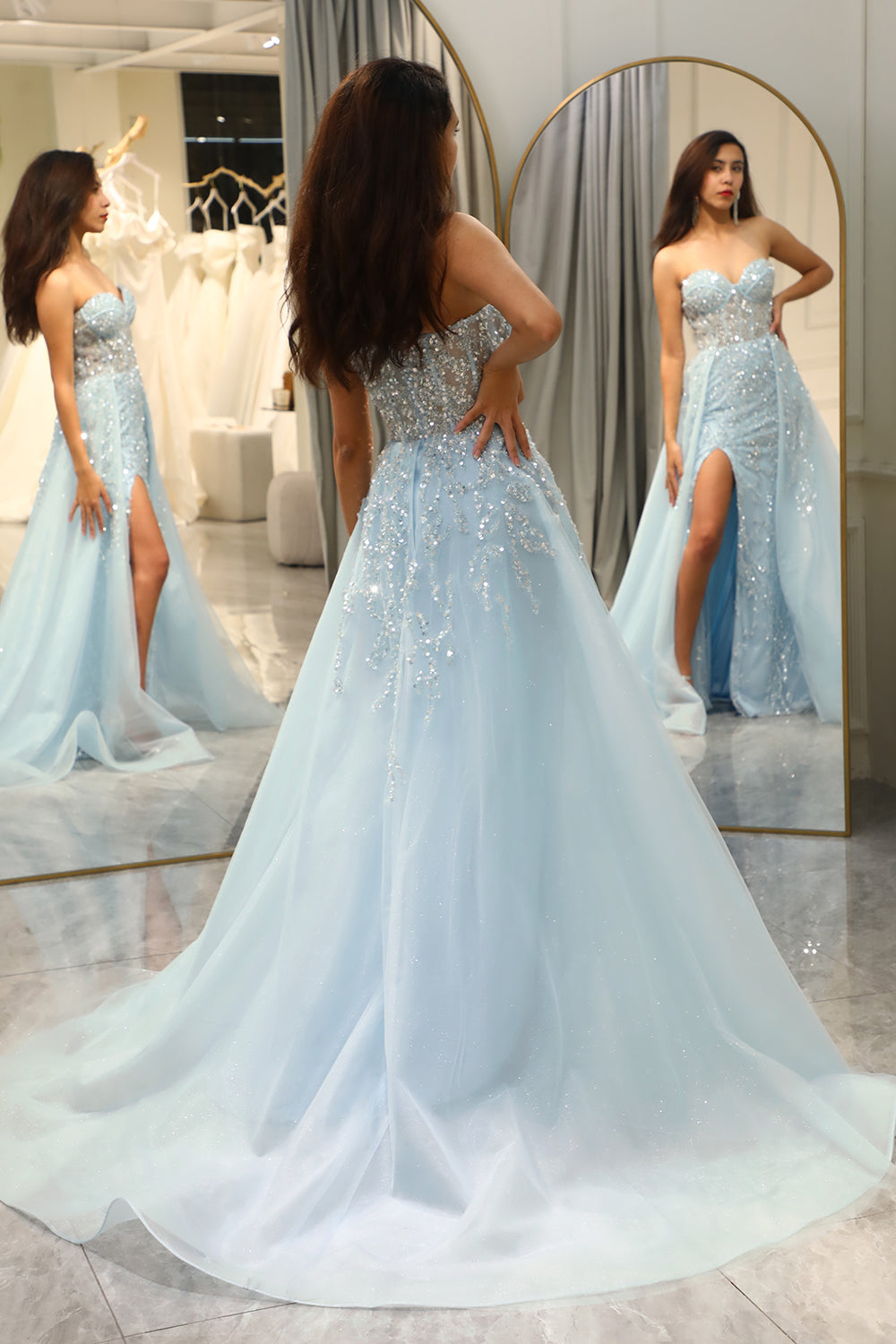 Glitter Light Blue Long Corset Beaded Prom Dress With Slit