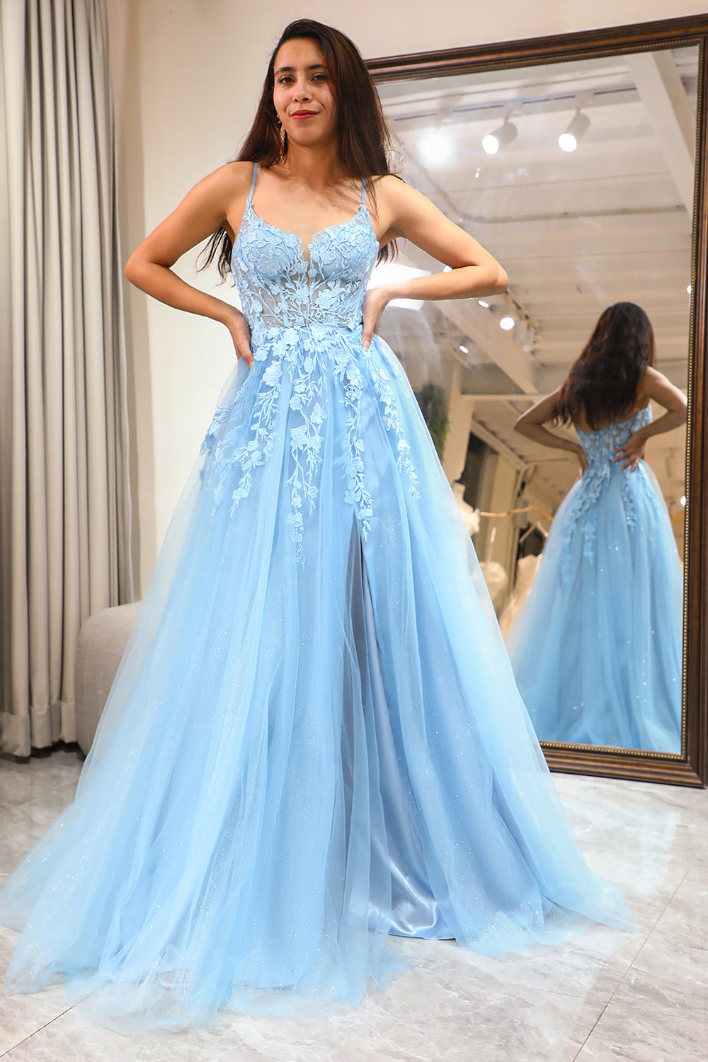 Light Blue A Line Spaghetti Straps Tulle Long Corset Prom Dress With Slit