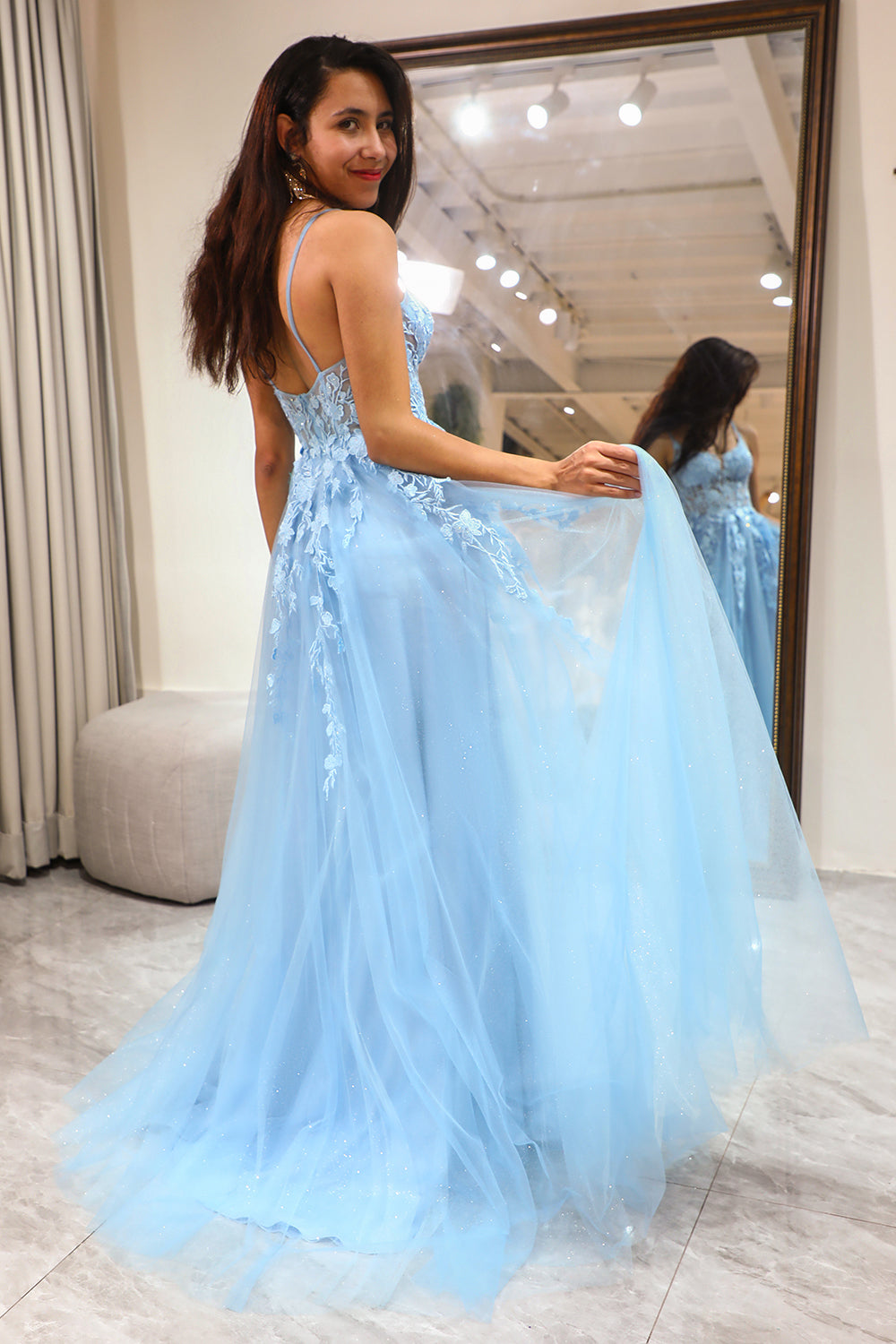 Light Blue A Line Spaghetti Straps Tulle Long Corset Prom Dress With Slit