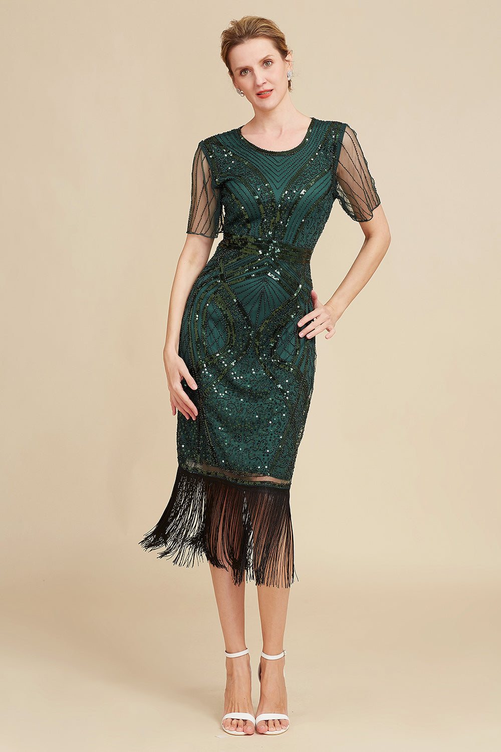 Dark Green Short Sleeves Mother Of The Bride Dress With Fringes