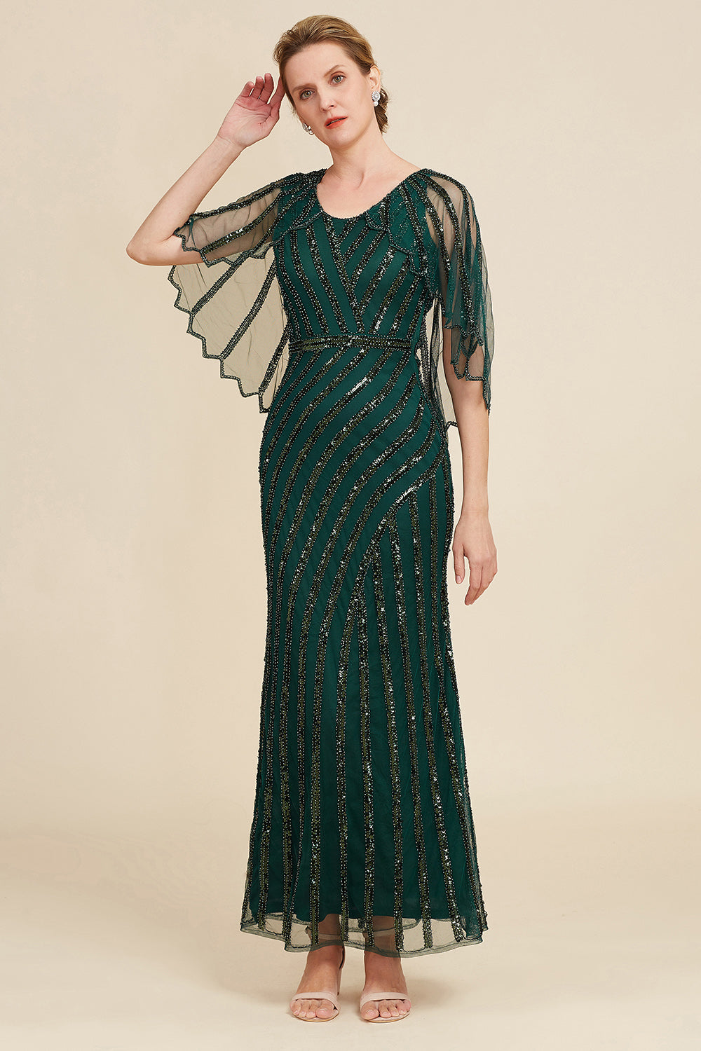 Dark Green Sheath Sequins Round Neck Mother Of Bride Dress with Cape Sleeves