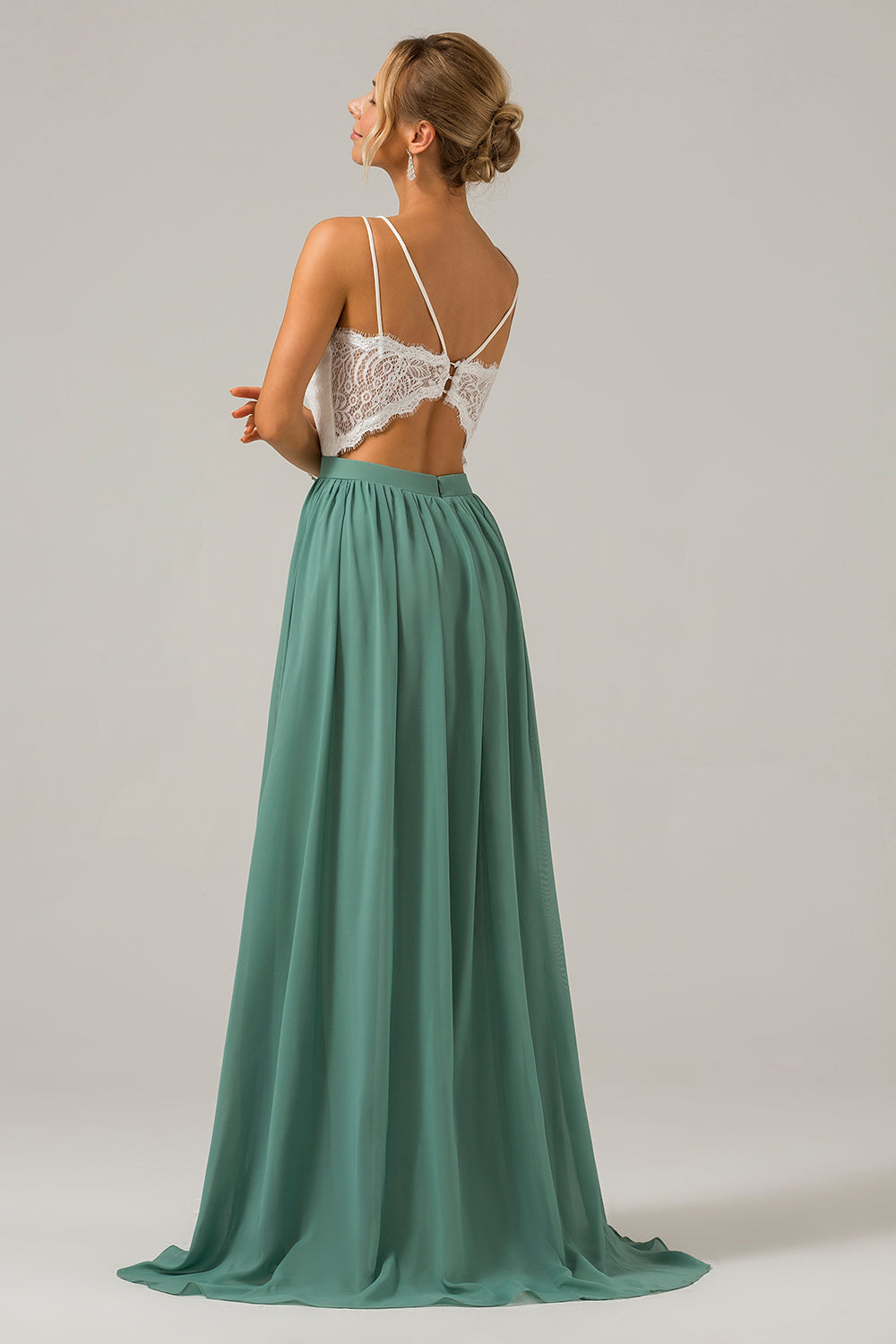 Eucalyptus A-Line Spaghetti Straps Pleated Long Bridesmaid Dress With Lace