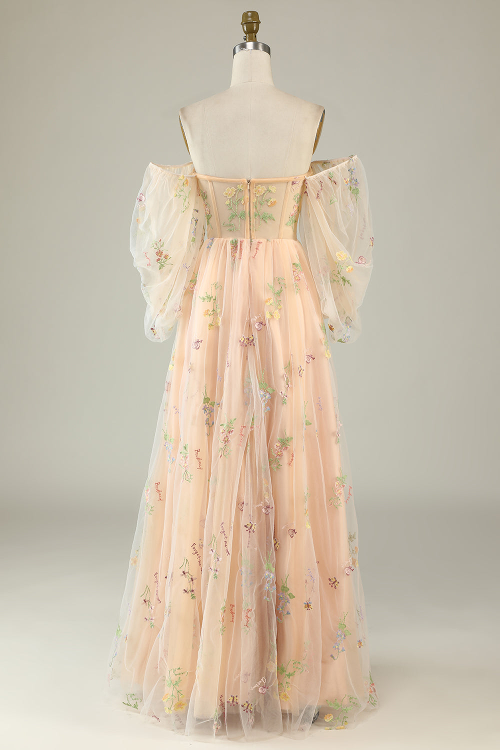 Champagne A-Line Off The Shoulder Floor Length Dress With Embroidery