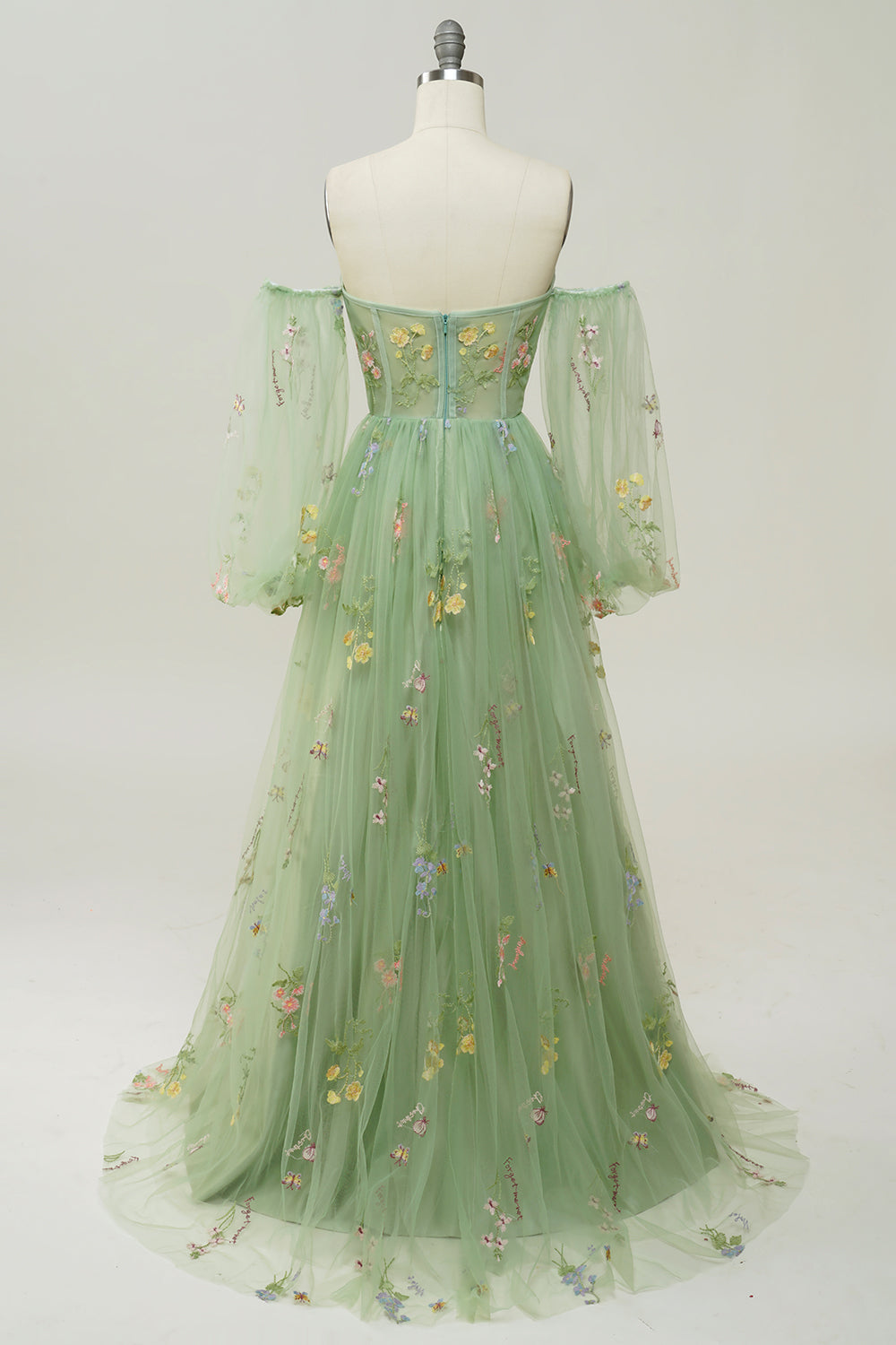 Green A-Line Off The Shoulder Floor Length Dress With Embroidery