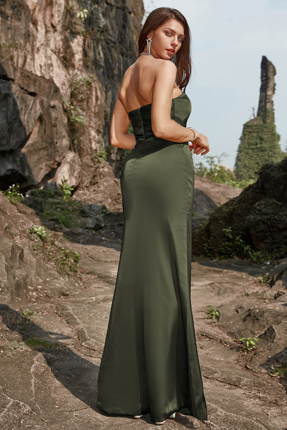 Olive Sheath Strapless Long Wedding Party Dress with Split Front