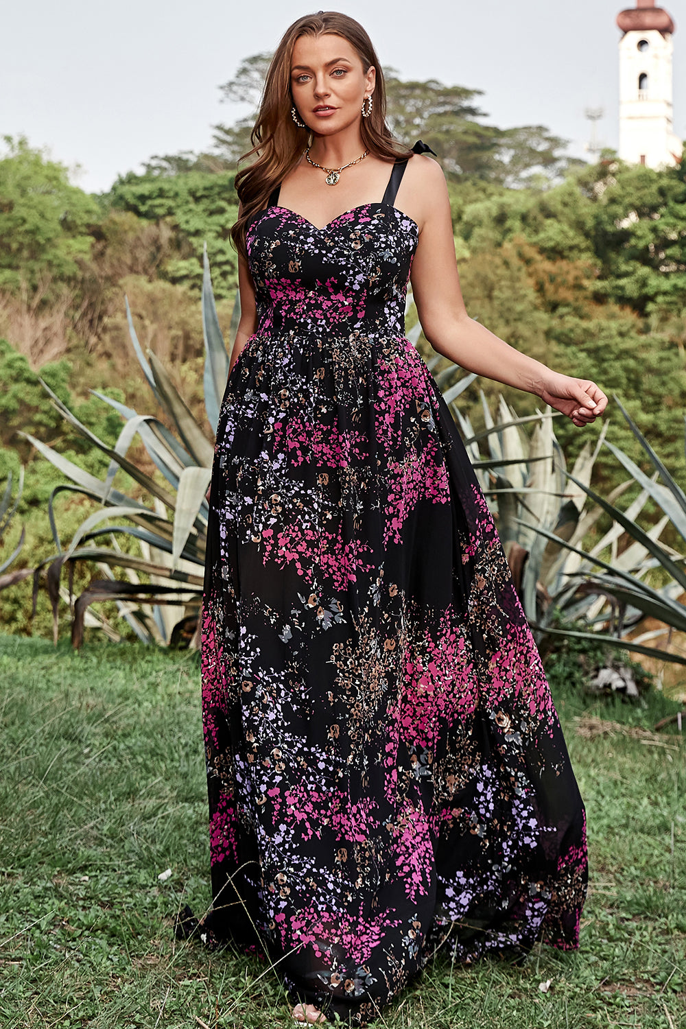 Black Mixed Flower A Line Spaghetti Straps Plus Size Bridesmaid Dresses