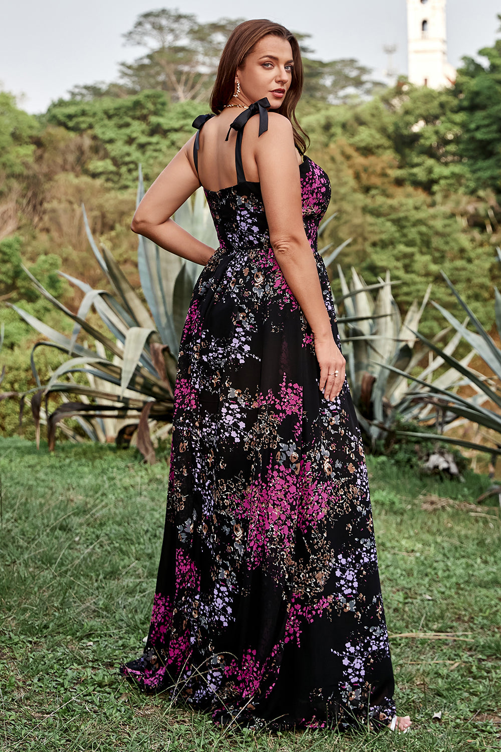 Black Mixed Flower A Line Spaghetti Straps Plus Size Bridesmaid Dresses