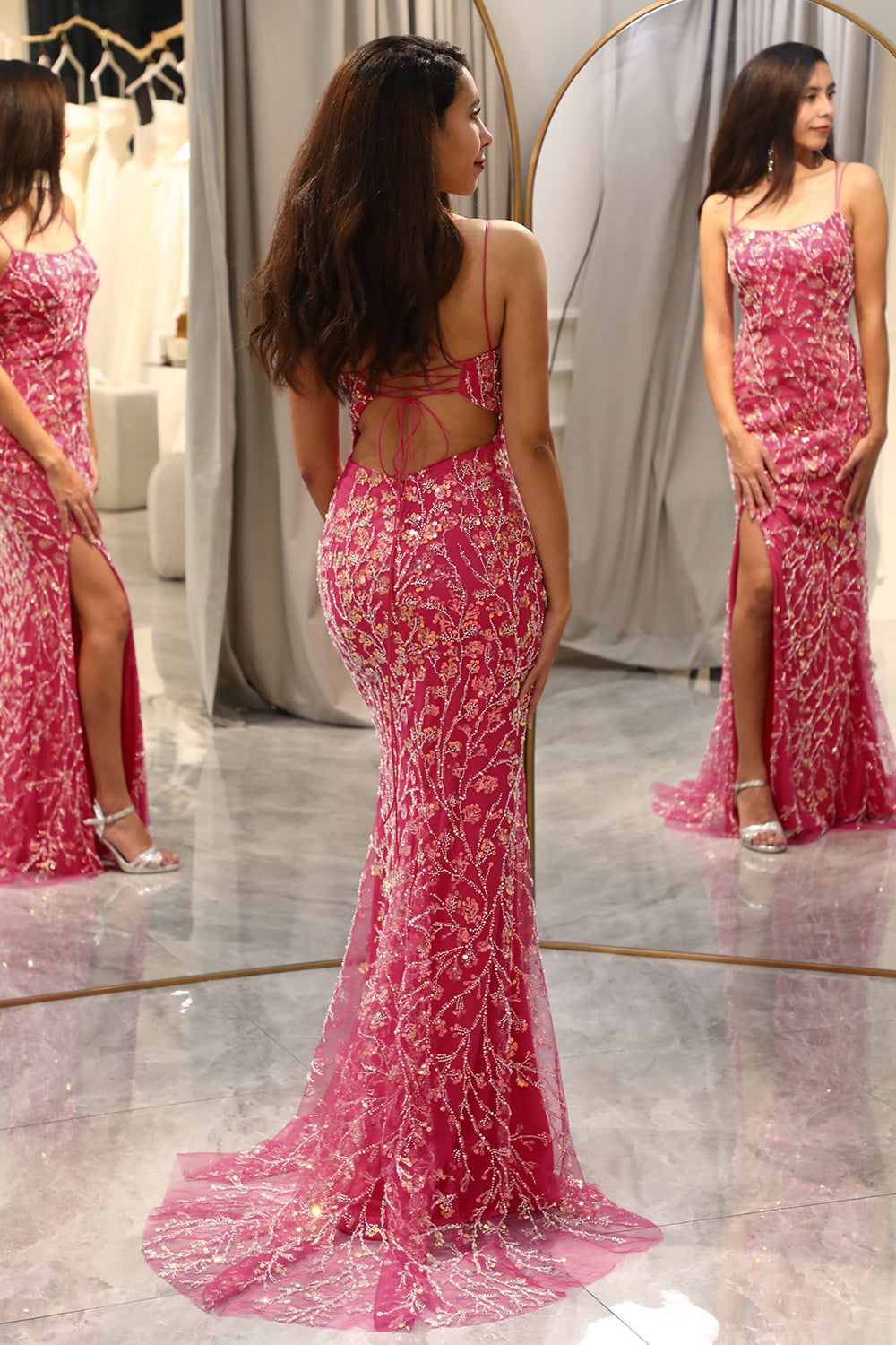 Sparkly Fuchsia Mermaid Long Sequins Prom Dress With Slit