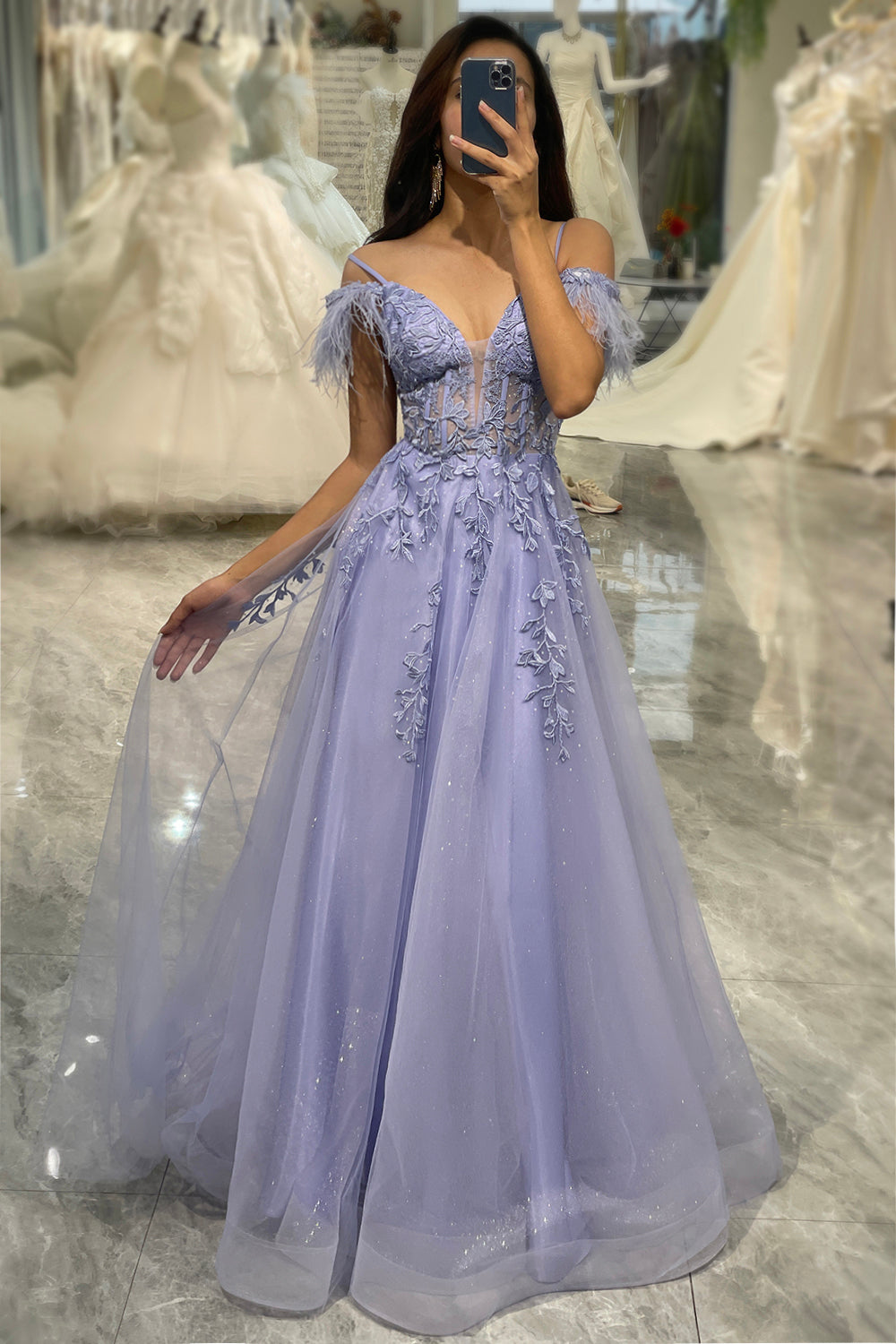 Sparkly Lilac A Line Tulle Long Corset Prom Dress With Appliques