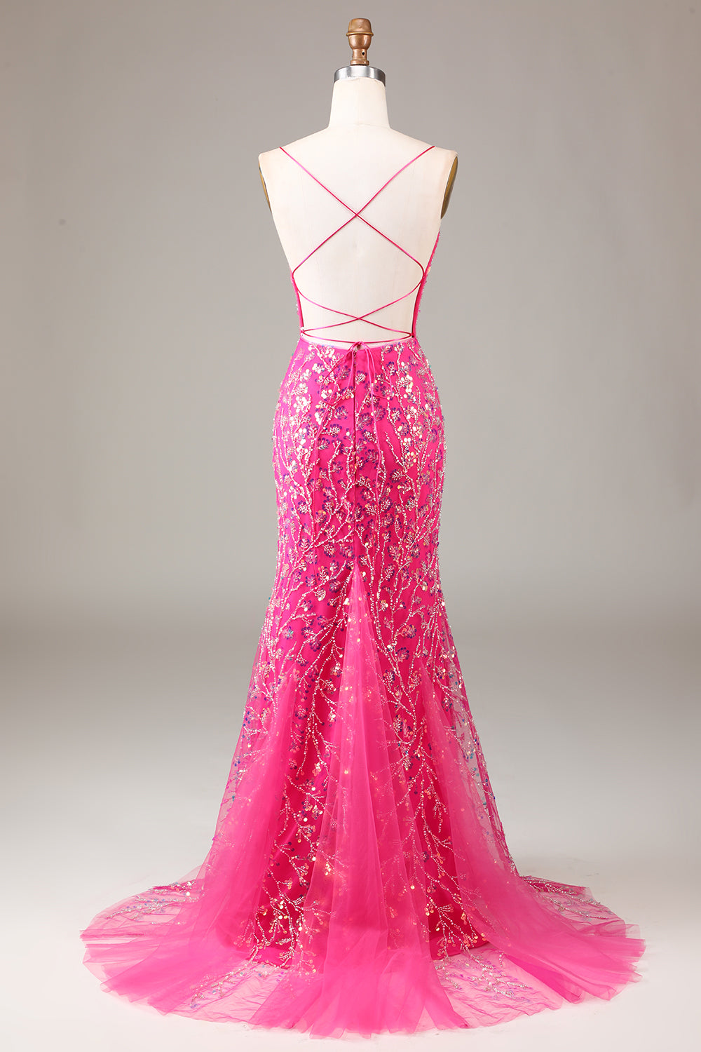 Fuchsia Mermaid Spaghetti Straps Backless Sparkly Sequins Prom Dress with Split Front