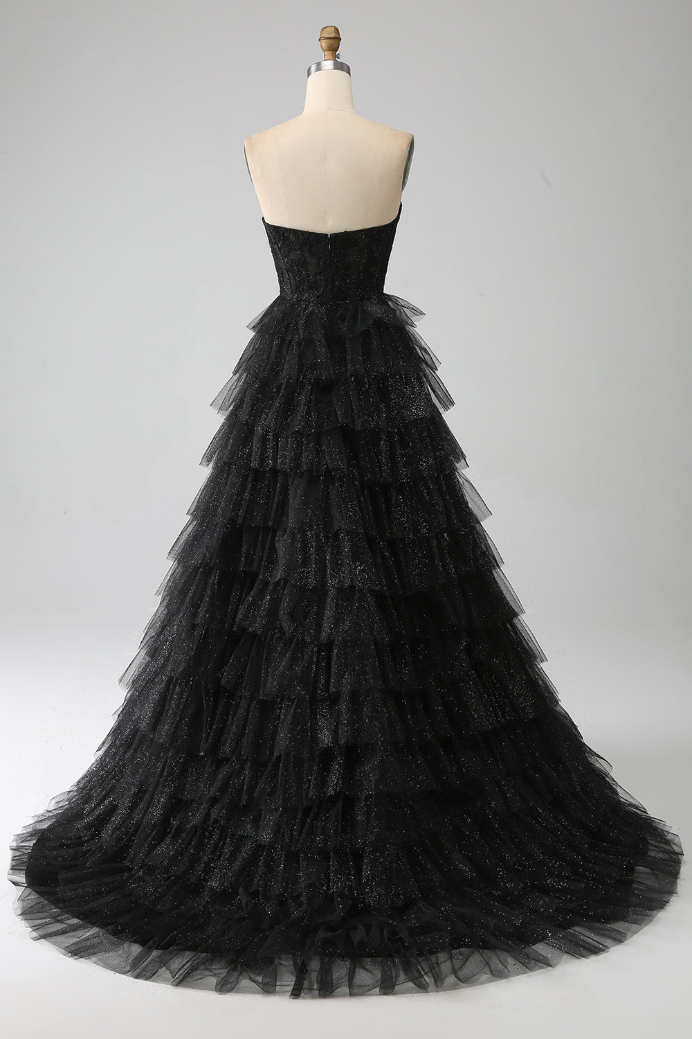 Glitter A-Line Sweetheart Tiered Tulle Corset Long Black Prom Dress with Slit