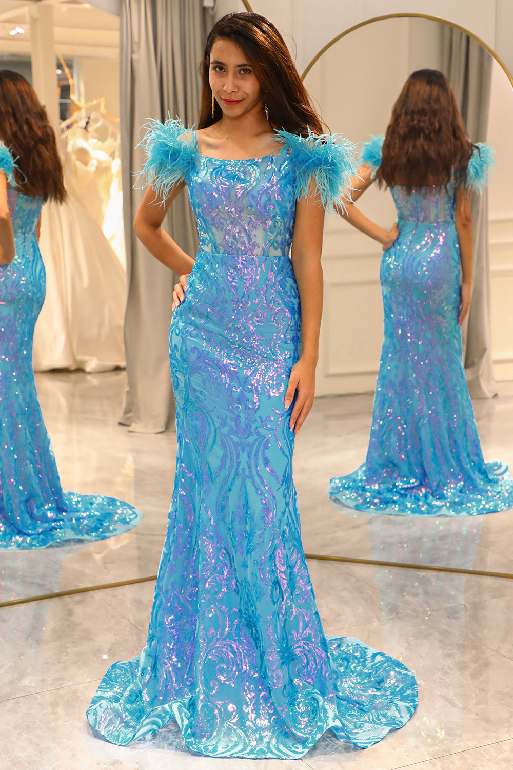 Glitter Light Blue Mermaid Long Prom Dress With Feathers