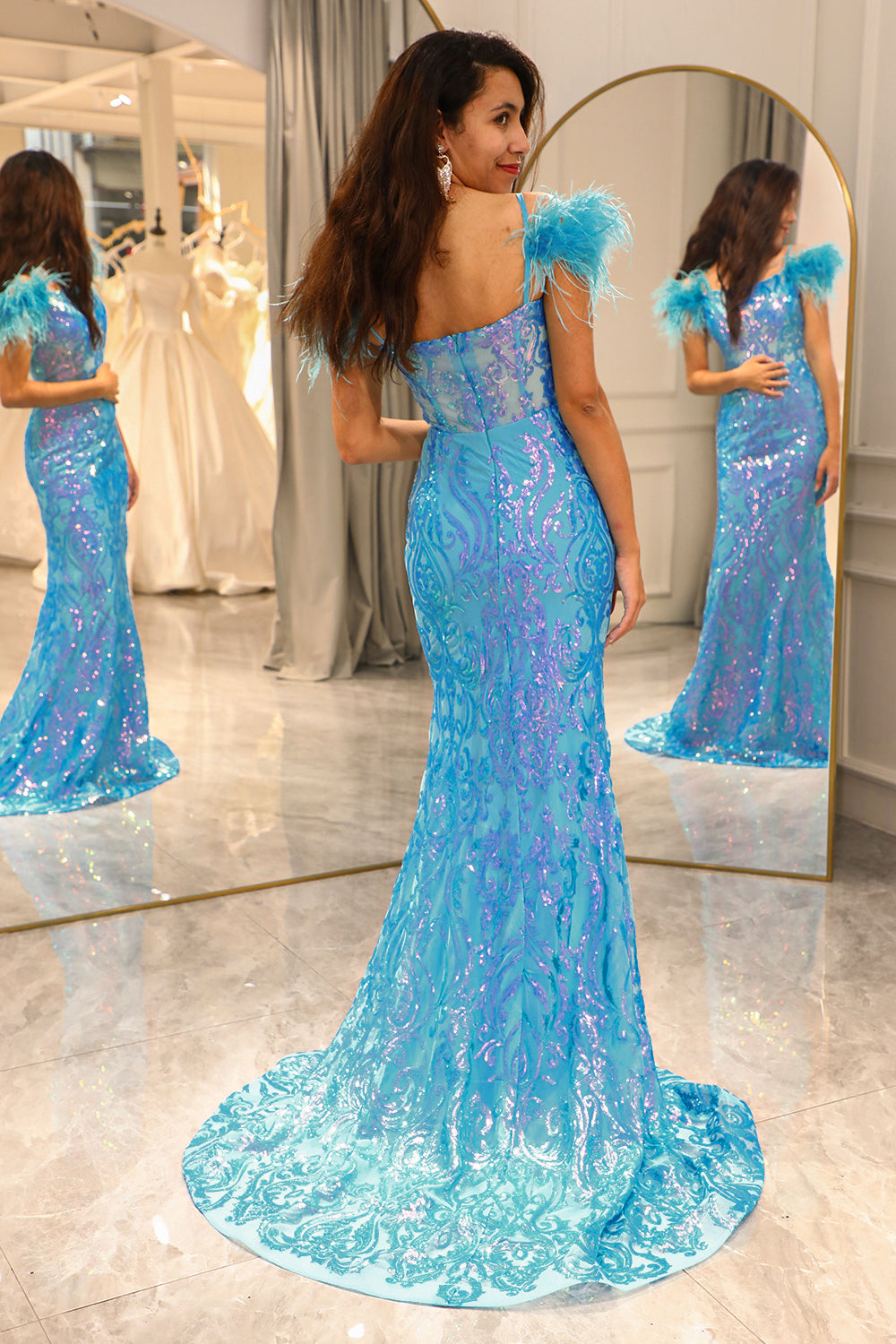 Glitter Light Blue Mermaid Long Prom Dress With Feathers