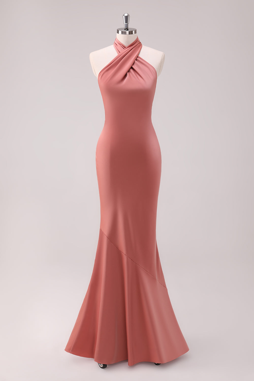 Terracotta Mermaid Halter Backless Floor Length Satin Bridesmaid Dress