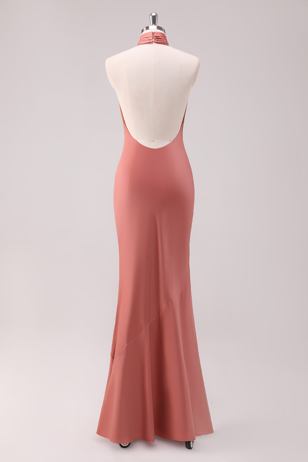 Terracotta Mermaid Halter Backless Floor Length Satin Bridesmaid Dress