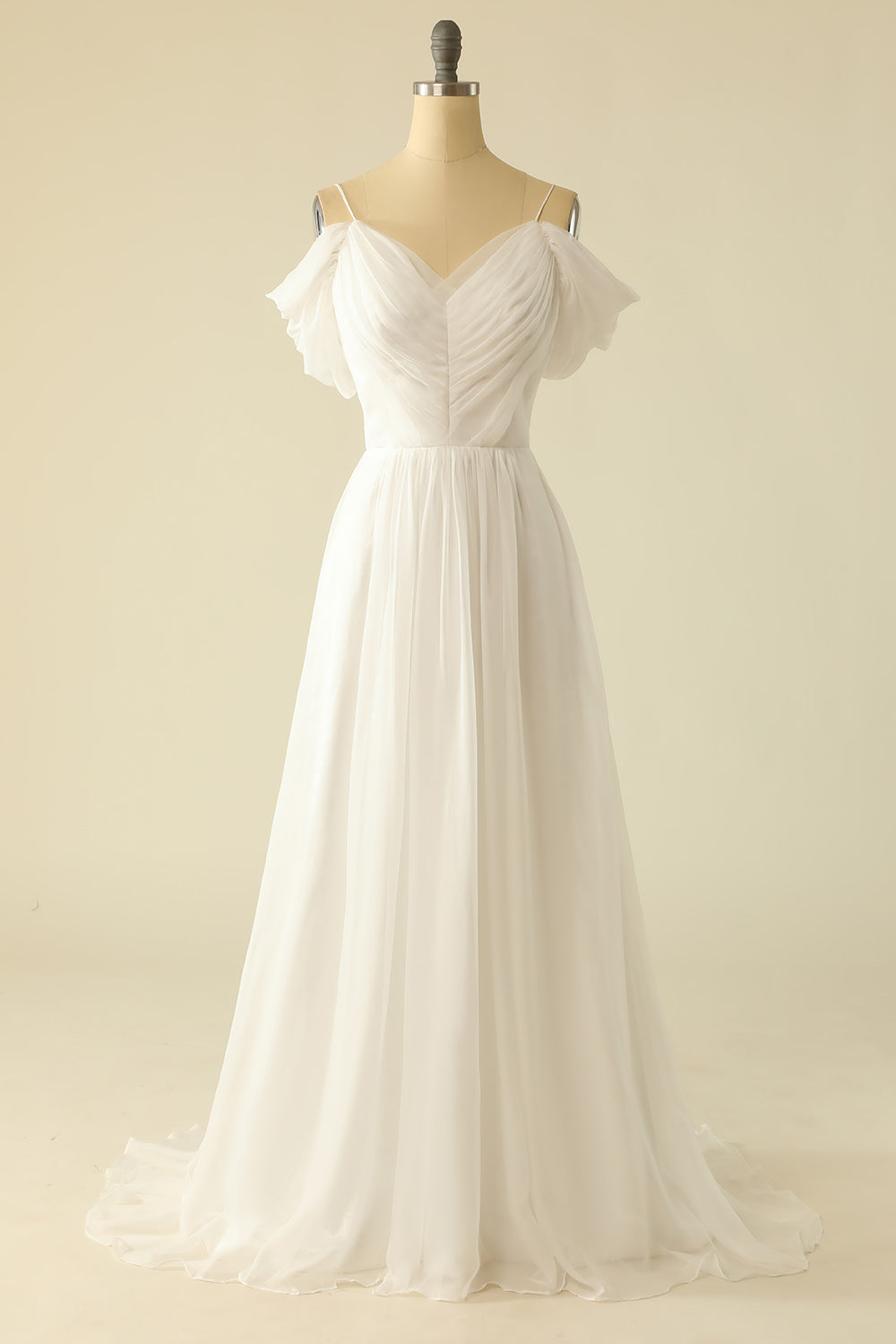 White A Line Off the Shoulder Tulle Floor-Length Wedding Dress