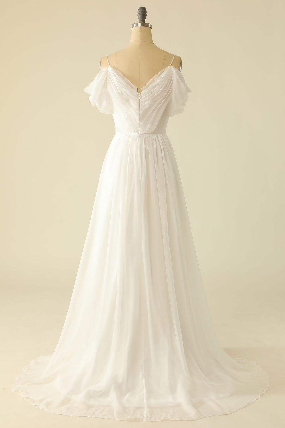 White A Line Off the Shoulder Tulle Floor-Length Wedding Dress