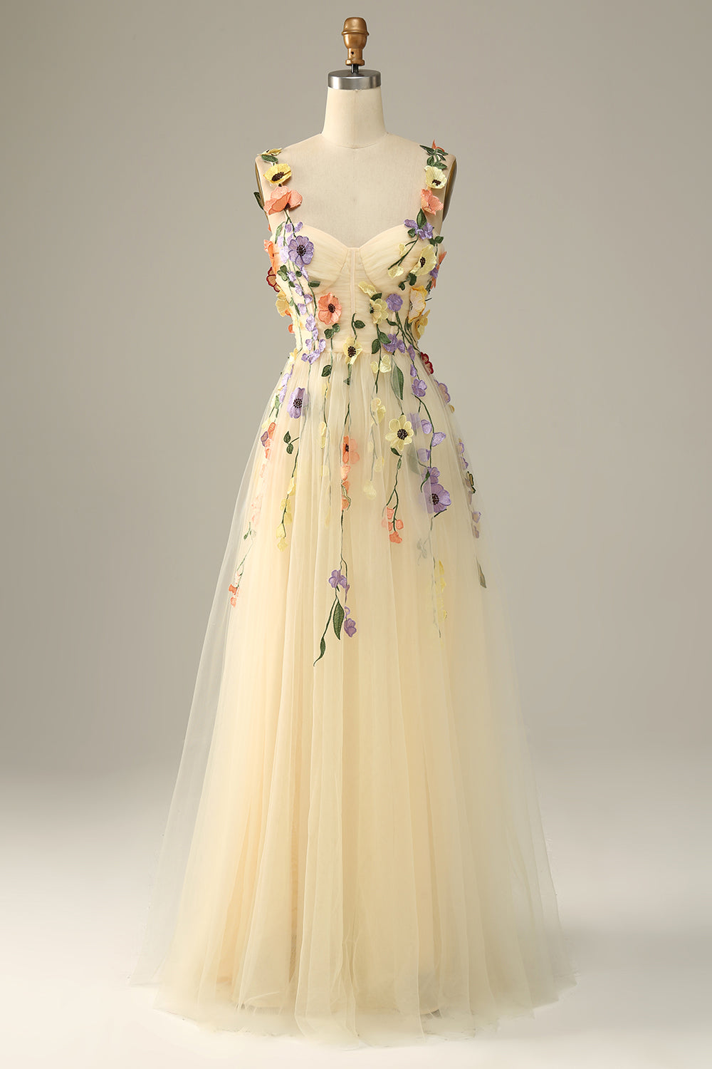 Champagne A Line Spaghetti Straps Tulle Formal Dress With 3D Flowers