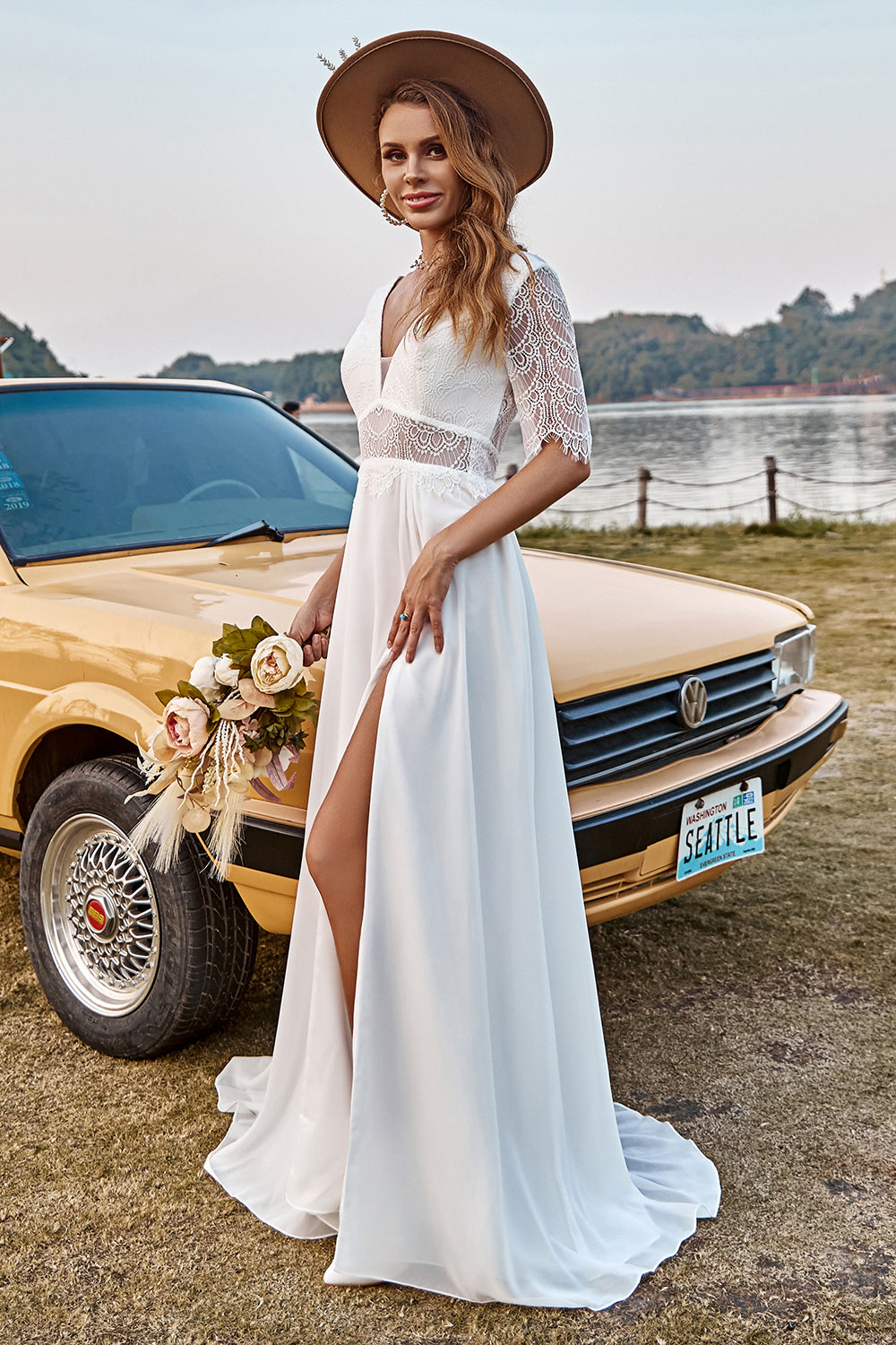 Ivory A-Line V-Neck Sweep Train Half Sleeves Lace Chiffon Boho Wedding Dress