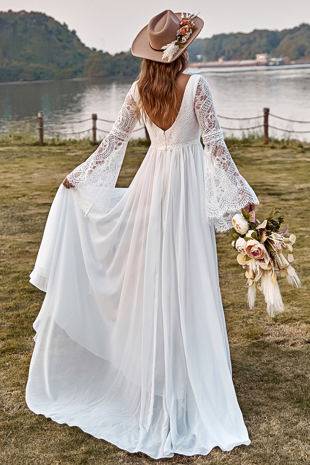 Ivory A-Line Trumpet V-Neck Sweep Train Lace Chiffon Boho Wedding Dress