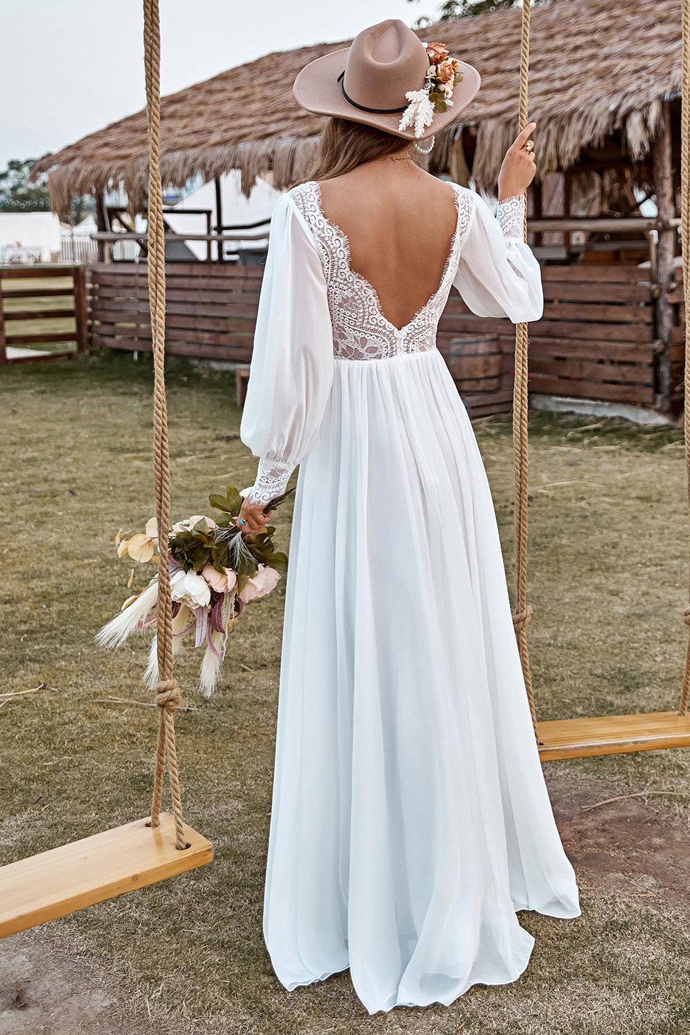 Ivory Deep V-Neck Lace Chiffon Boho Wedding Dress With Long Sleeves