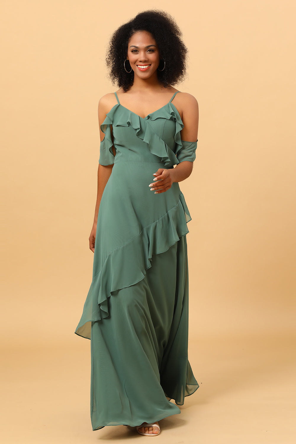 Eucalyptus Spaghetti Straps Long Chiffon Bridesmaid Dress with Ruffles