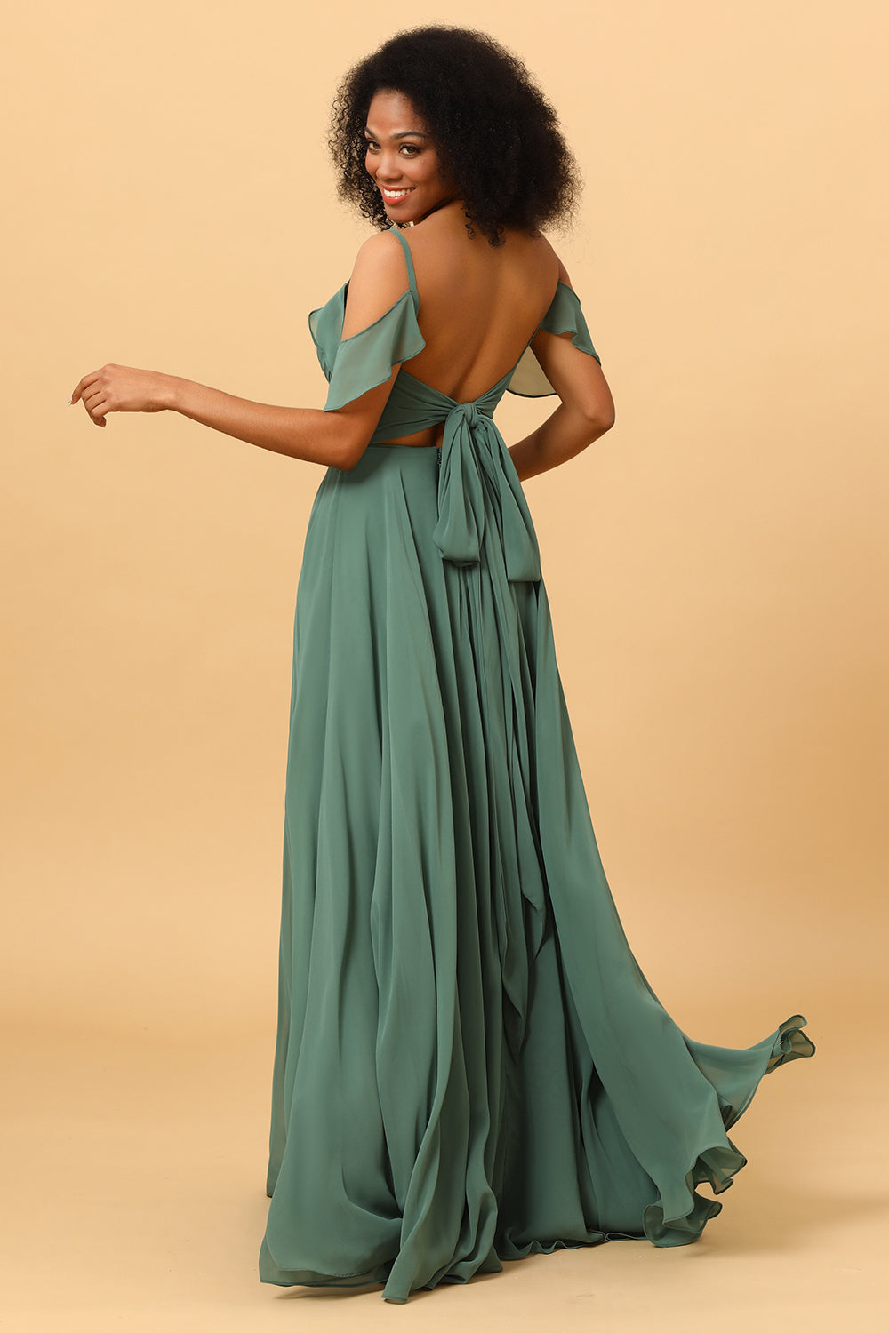 A Line Spaghetti Straps Long Chiffon Bridesmaid Dress With Slit