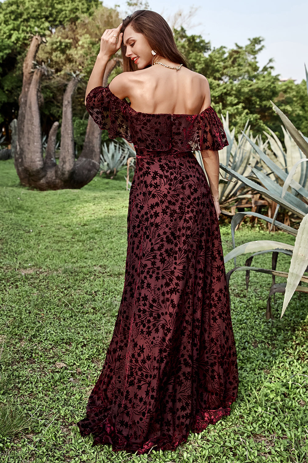 Burgundy Flower A Line Off The Shoulder Burnout Velvet Floor-Length Bridesmaid Dress