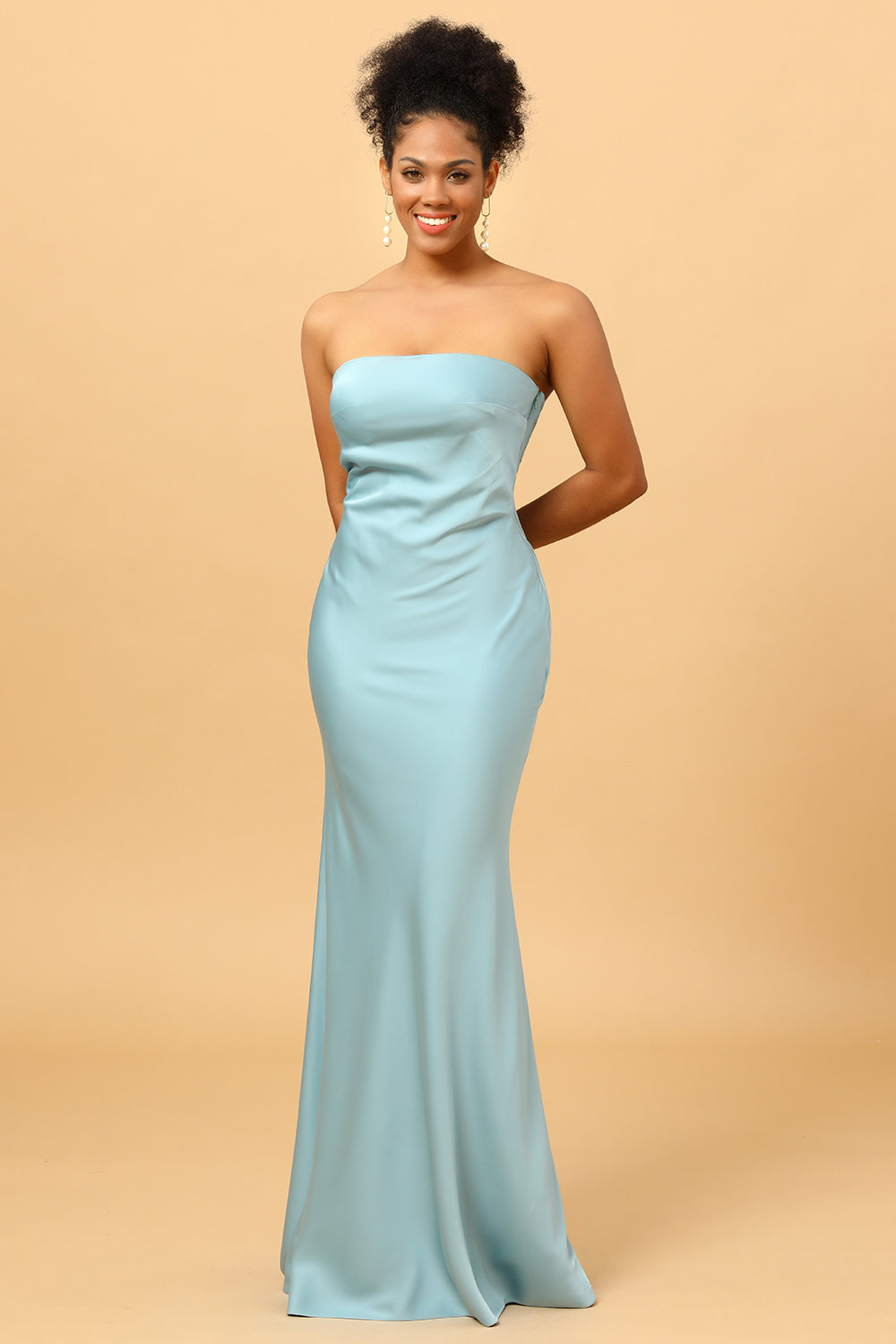 Sky Blue Mermaid Strapless Floor Length Satin Bridesmaid Dress with Open Back