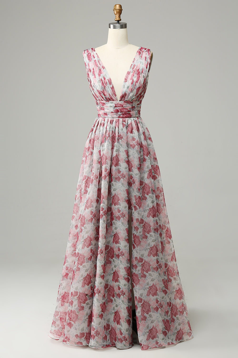 Grey and Pink A Line V Neck Floral Floor-Length Formal Dress