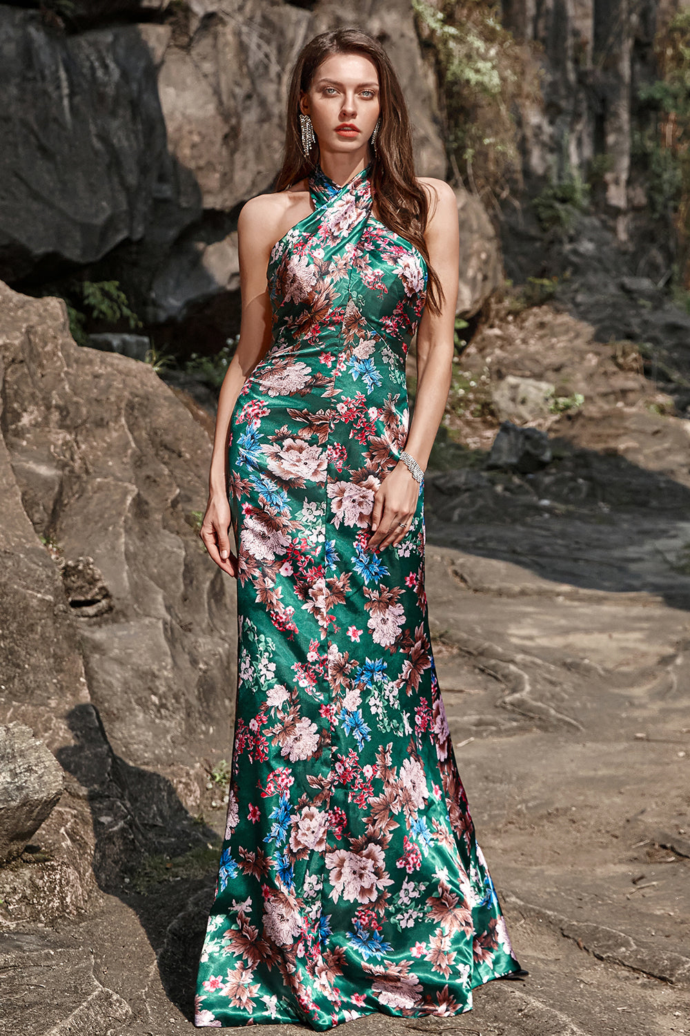 Green Mermaid Halter Print Floral Long Satin Bridesmaid Dress