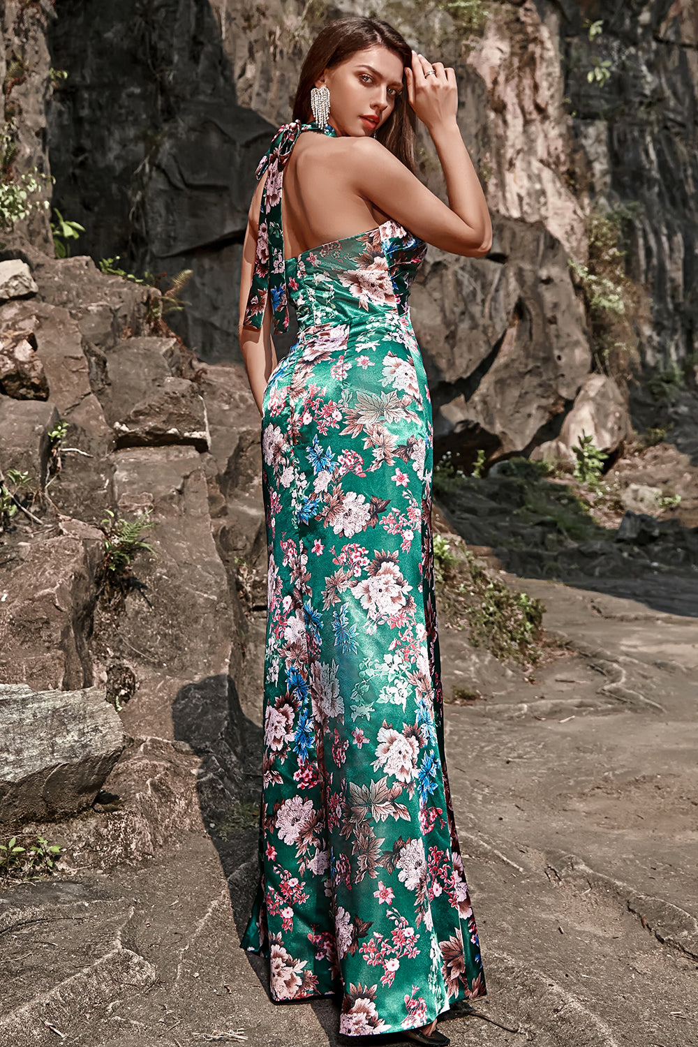 Green Mermaid Halter Print Floral Long Satin Bridesmaid Dress