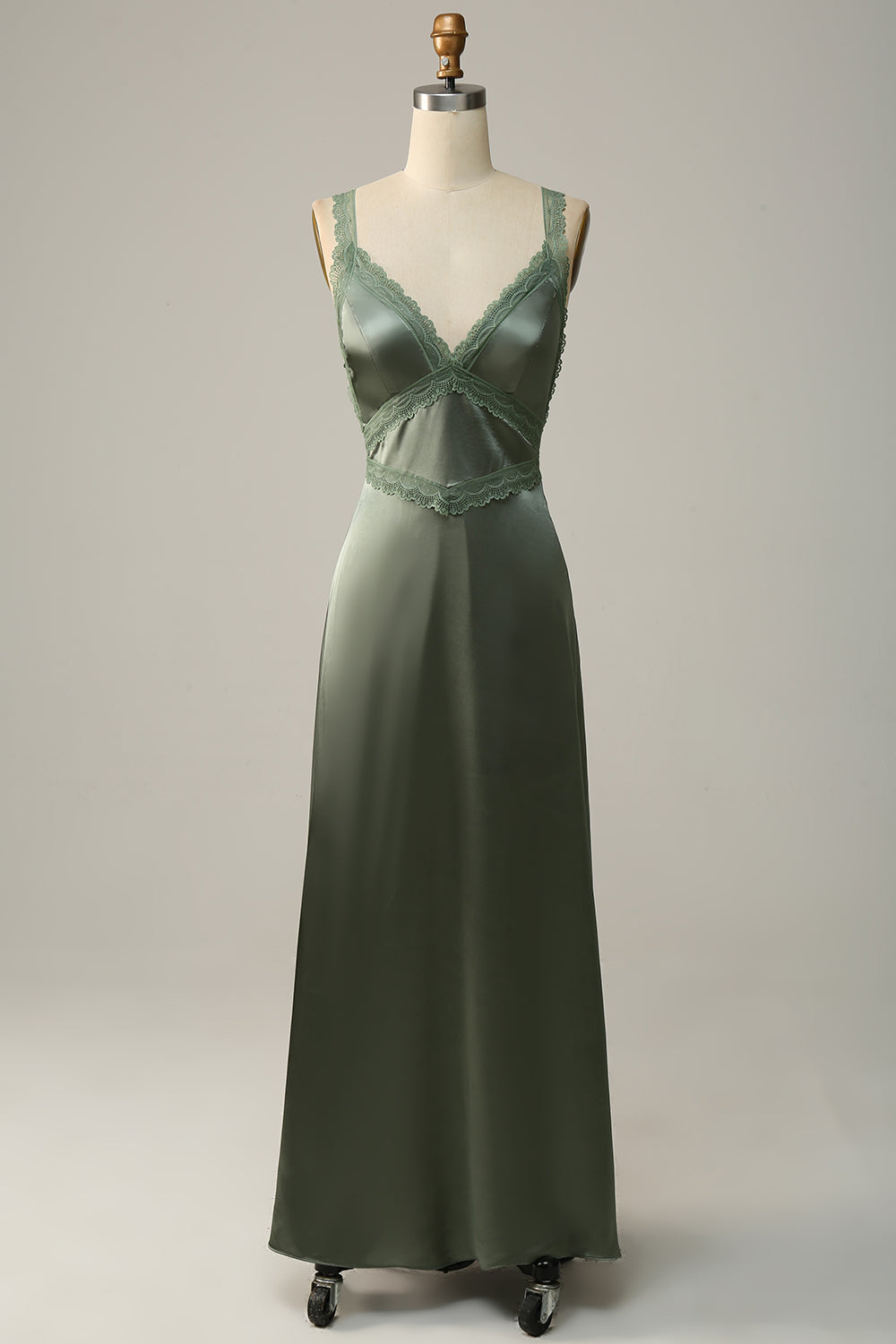 Dusty Green Sheath Spaghetti Straps Tied Back Satin Bridesmaid Dress