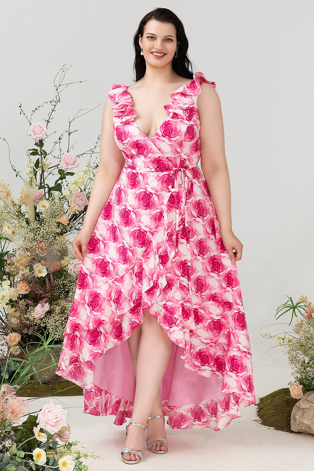 Pink Flower A Line V Neck High Low Chiffon Plus Size Wedding Guest Dress with Ruffles