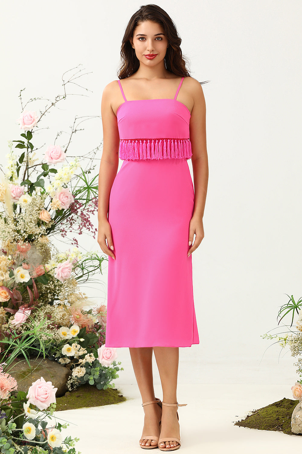 Hot Pink Sheath Spaghetti Straps Chiffon Wedding Guest Dress with Ruffles