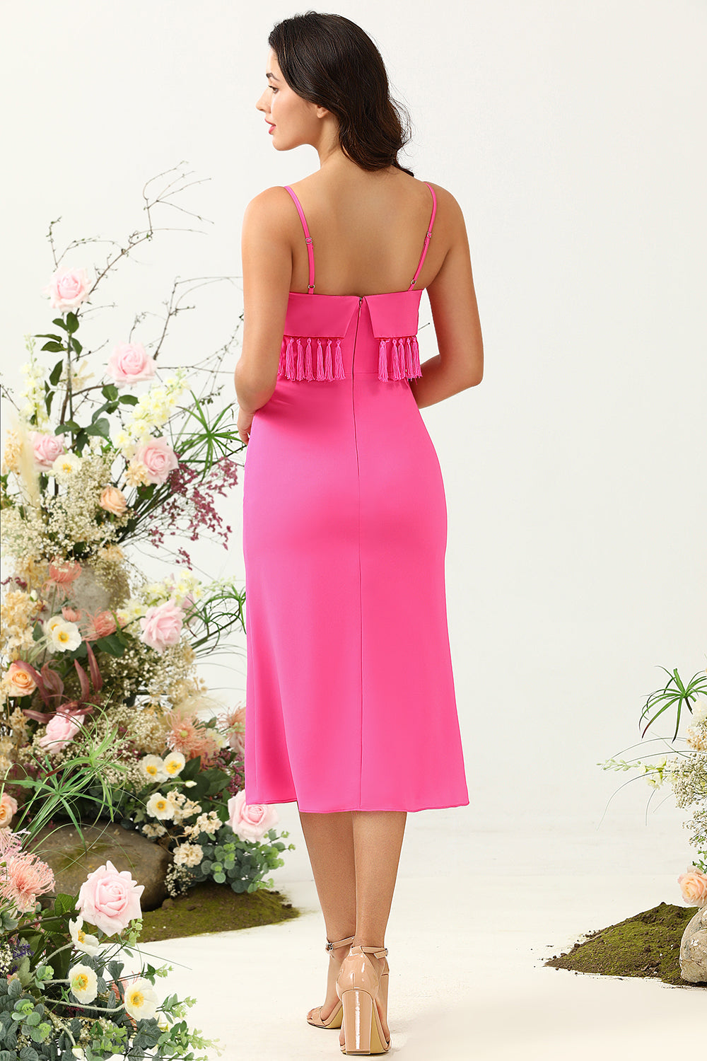 Hot Pink Sheath Spaghetti Straps Chiffon Wedding Guest Dress with Ruffles