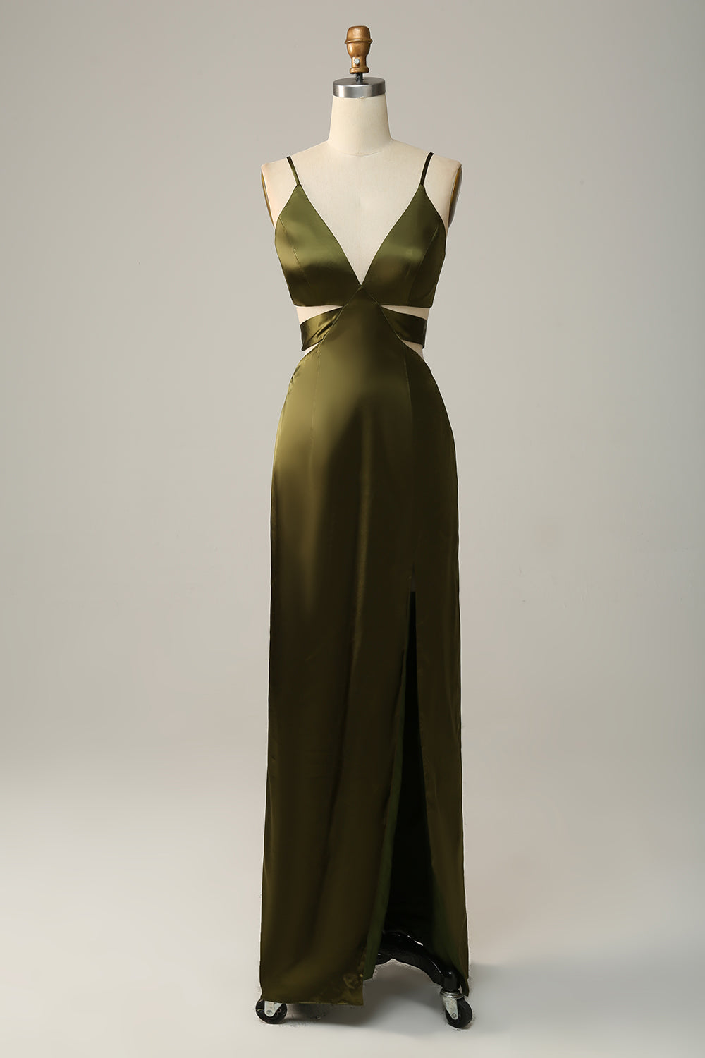 Olive Sheath Spaghetti Straps Cut Out Satin Bridesmaid Dress