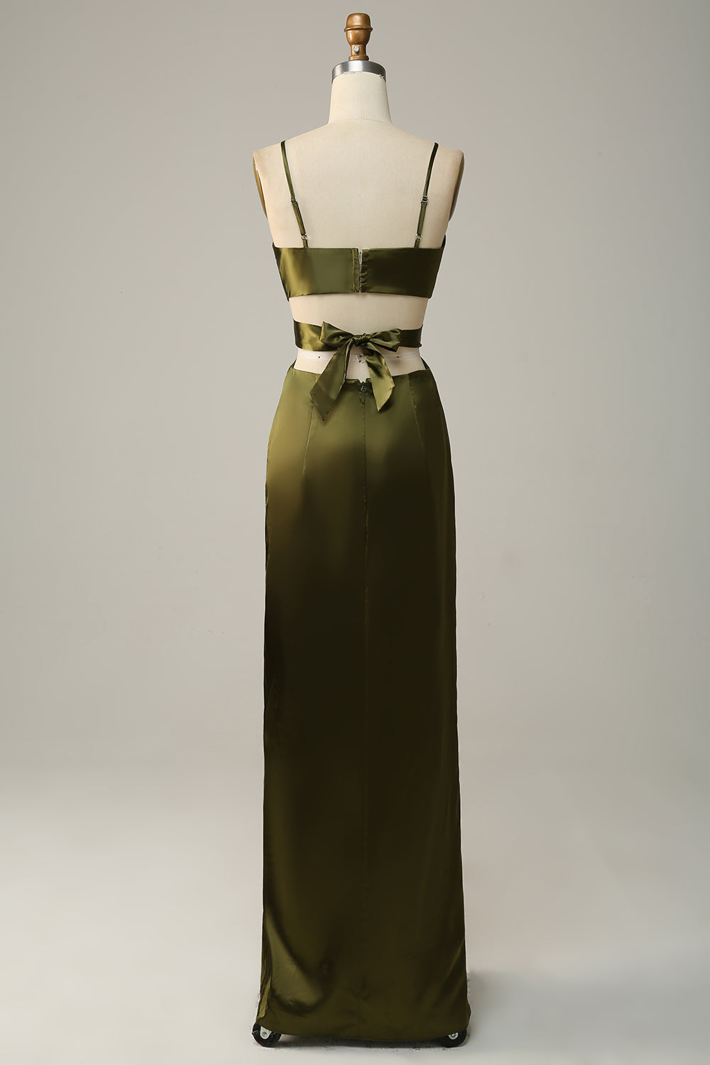 Olive Sheath Spaghetti Straps Cut Out Satin Bridesmaid Dress