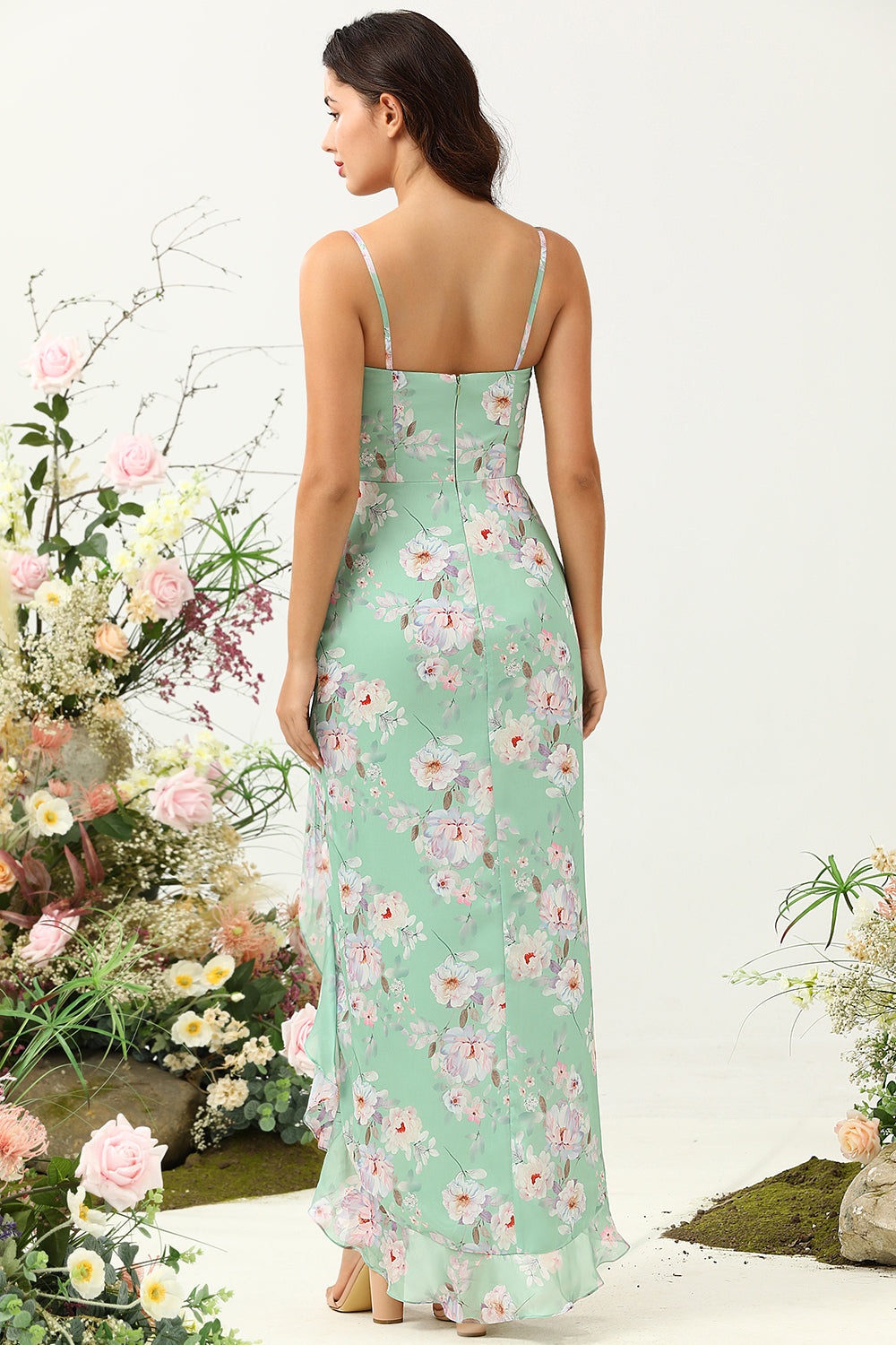 Light Green Sheath Spaghetti Straps Floral Printed Bridesmaid Dress with Split Front