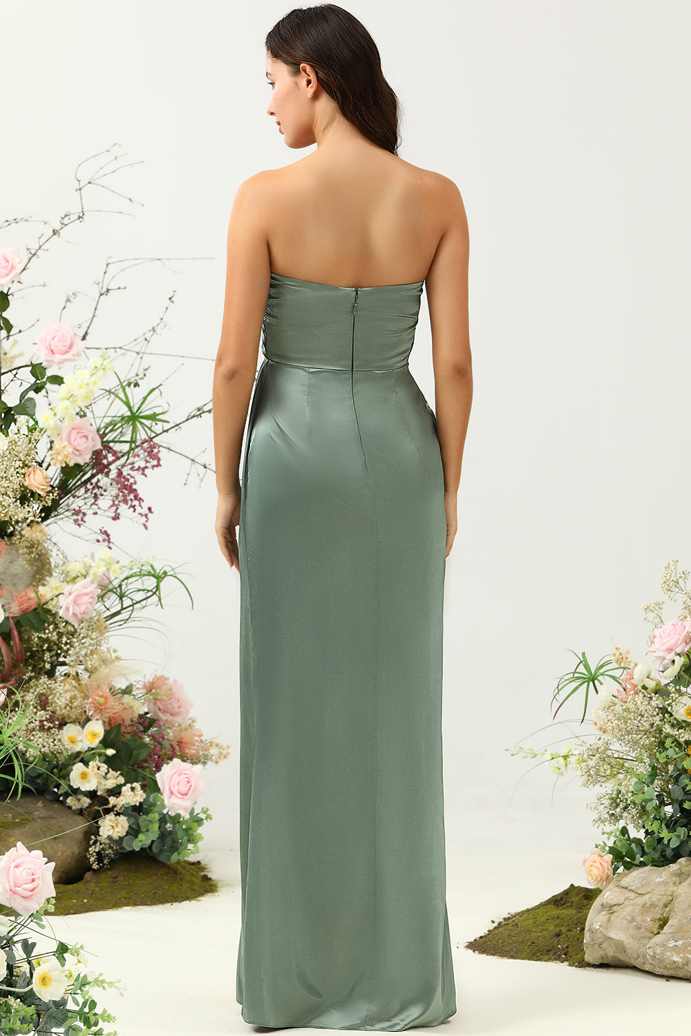 Eucalyptus A Line Strapless Ruched Satin Bridesmaid Dress with Slit