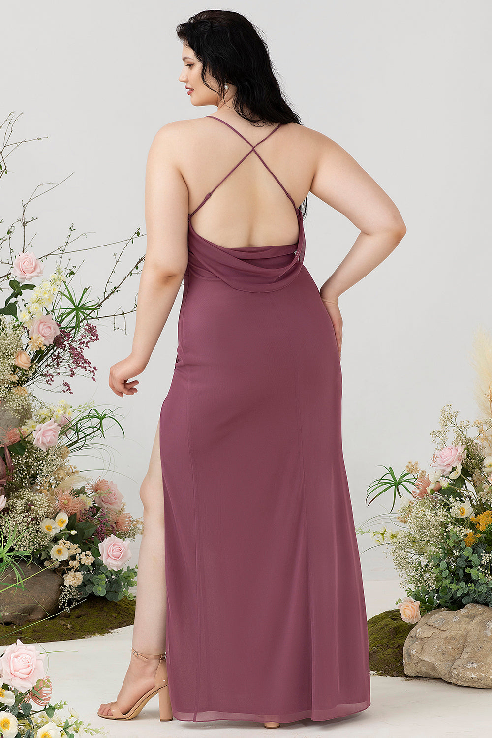 Desert Rose Spaghetti Straps Draped Chiffon Plus Size Bridesmaid Dress with Slit