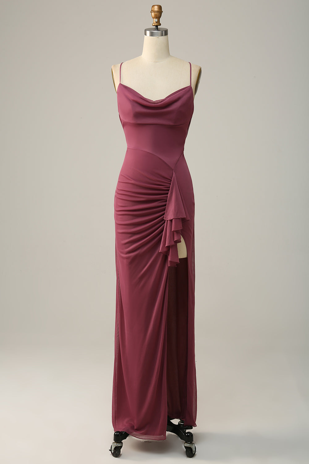 Desert Rose Spaghetti Straps Draped Chiffon Bridesmaid Dress with Slit