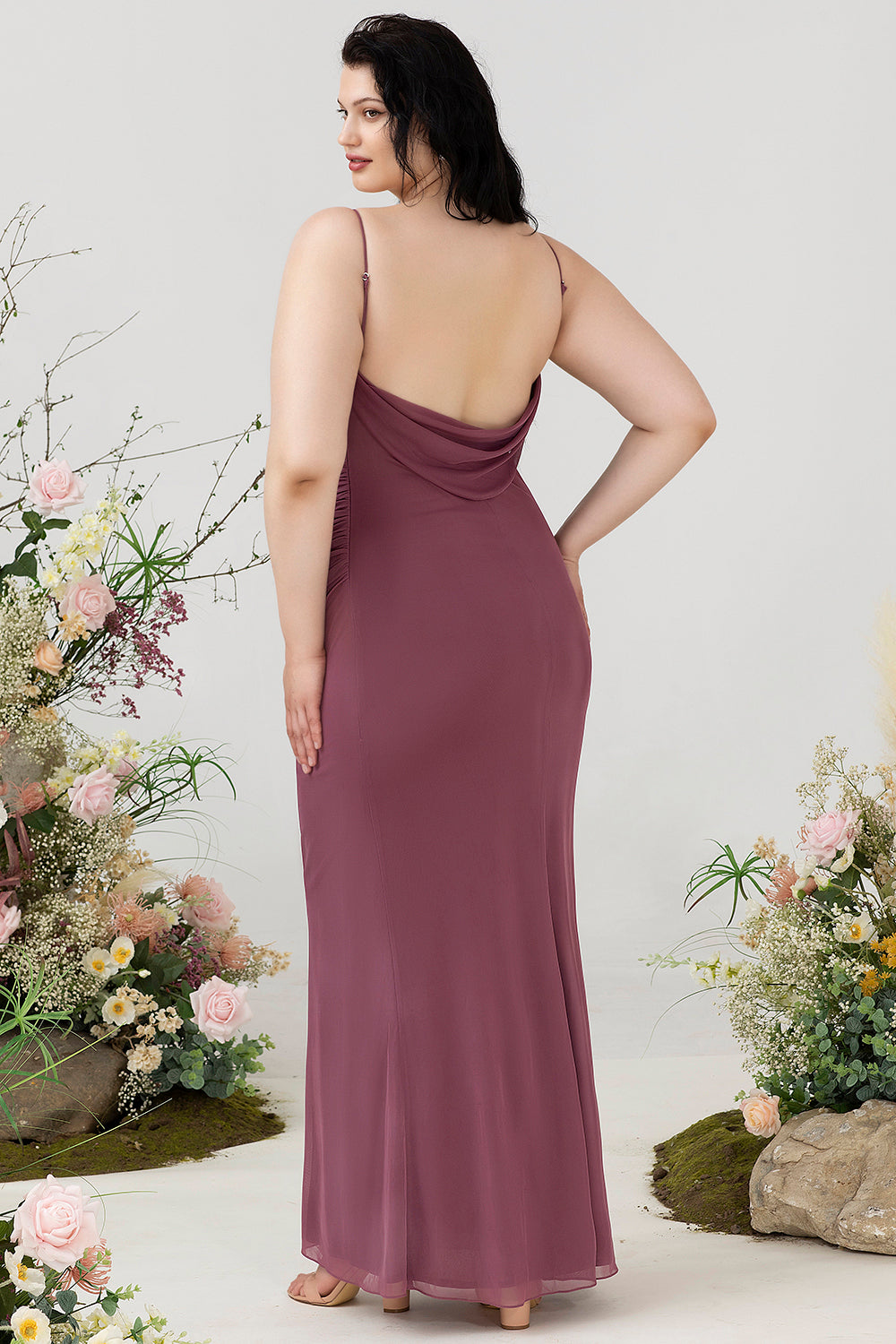 Desert Rose Sheath Spaghetti Straps Draped Chiffon Plus Size Bridesmaid Dress