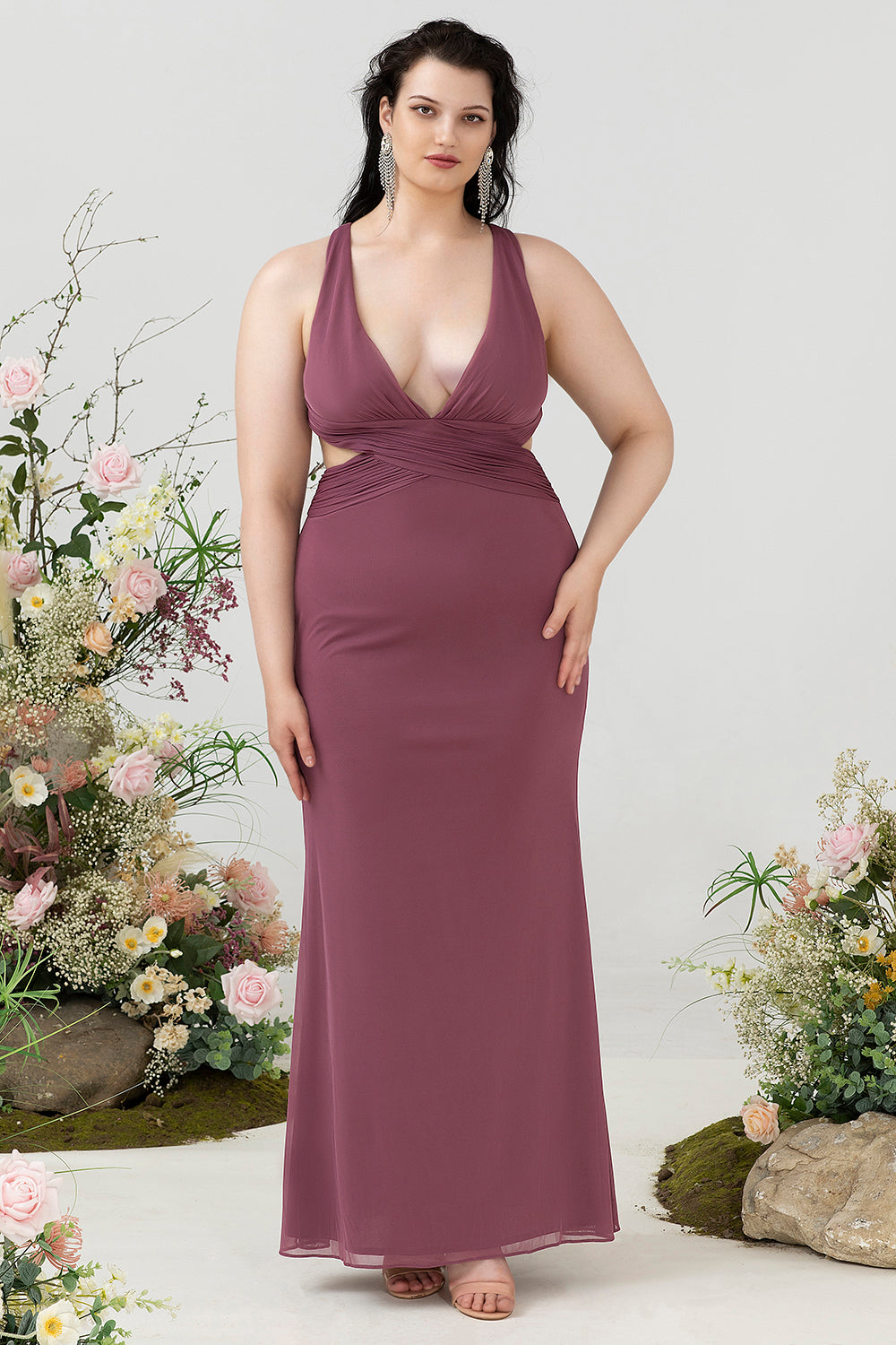 Desert Rose Sheath V Neck Cut Out Plus Size Chiffon Bridesmaid Dress